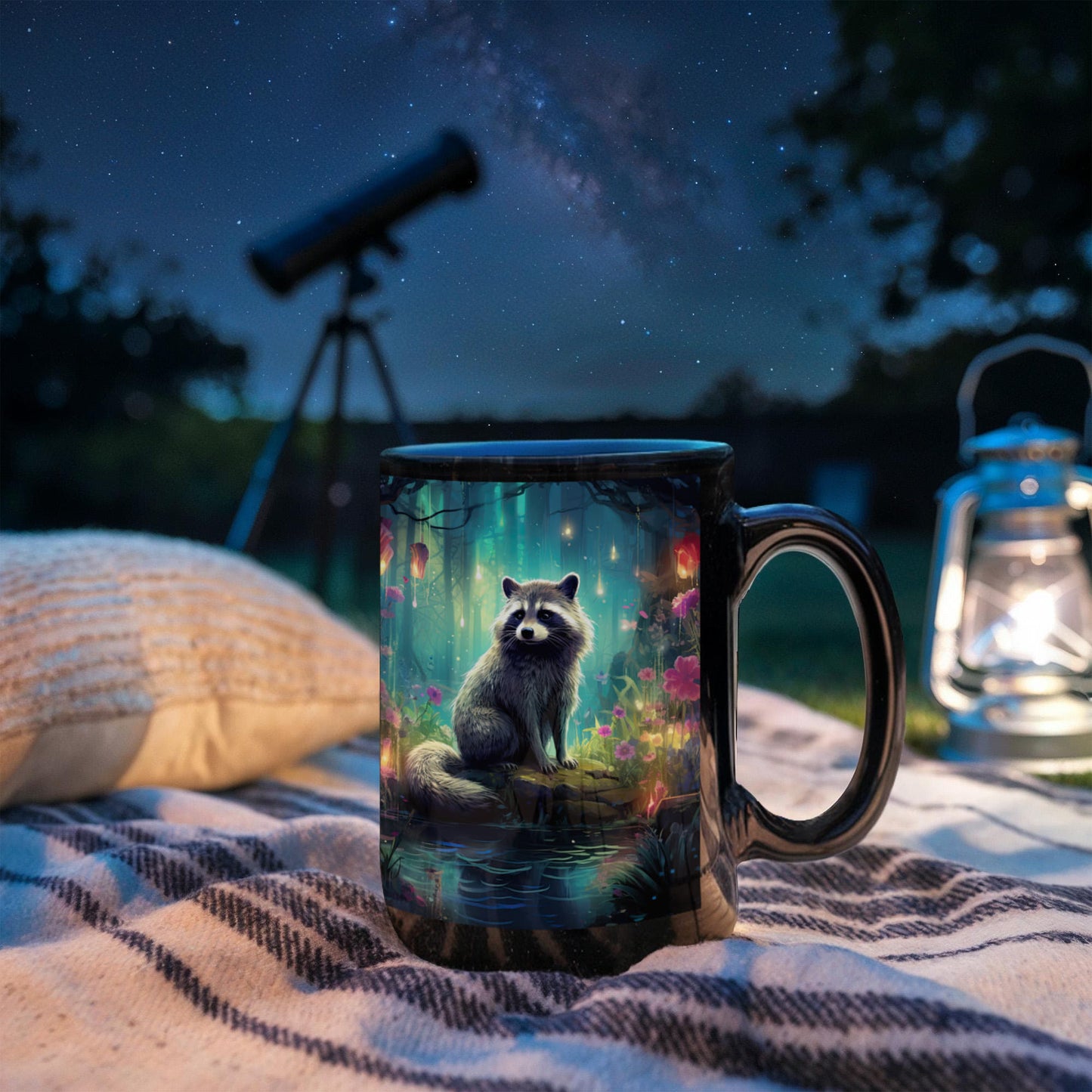 Enchanted Raccoon Black Coffee Mug – Fantasy Forest Animal Design | 11oz & 15oz Ceramic Mug - Mallard Moon Gift Shop