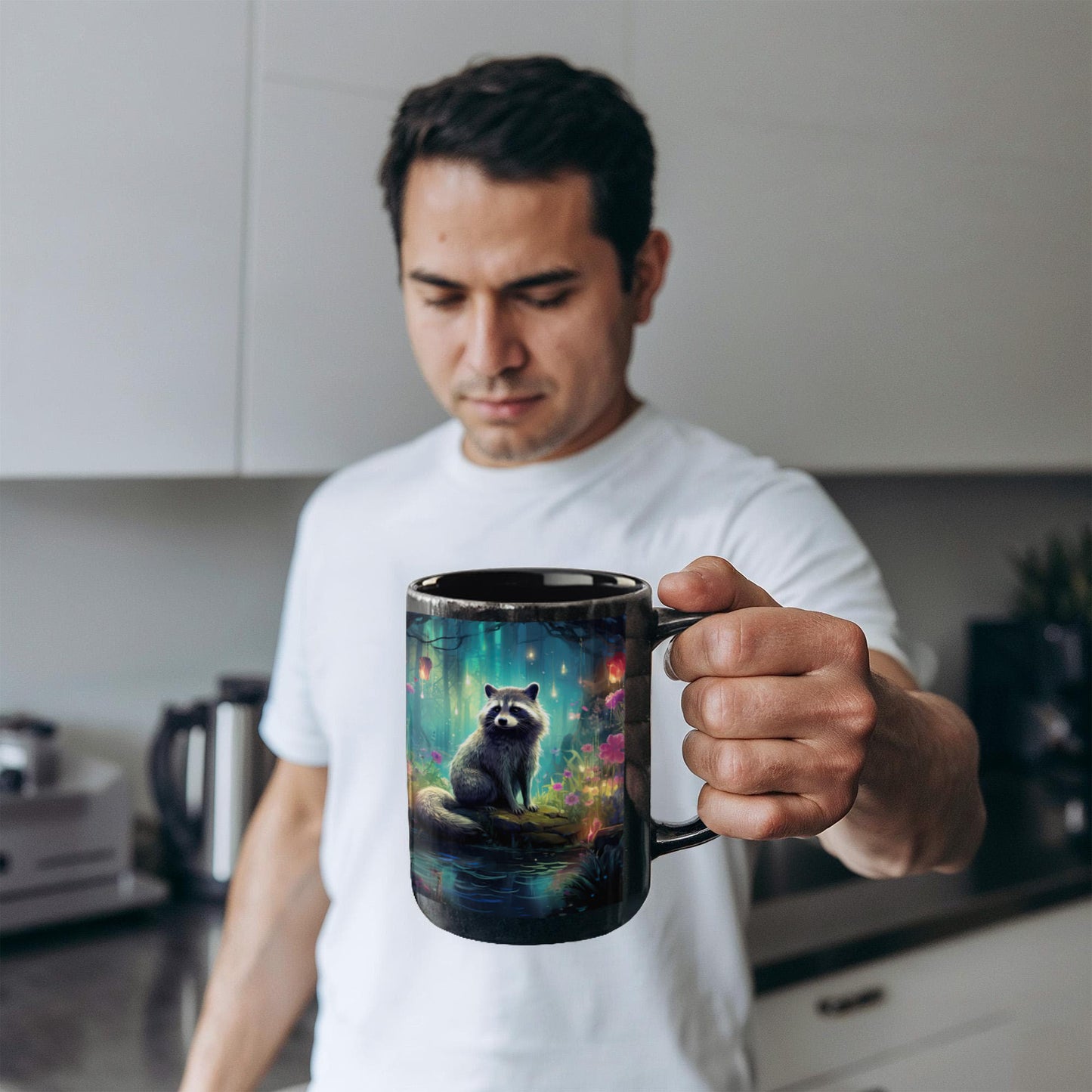 Enchanted Raccoon Black Coffee Mug – Fantasy Forest Animal Design | 11oz & 15oz Ceramic Mug - Mallard Moon Gift Shop