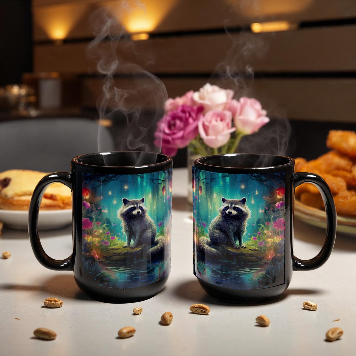 Enchanted Raccoon Black Coffee Mug – Fantasy Forest Animal Design | 11oz & 15oz Ceramic Mug - Mallard Moon Gift Shop