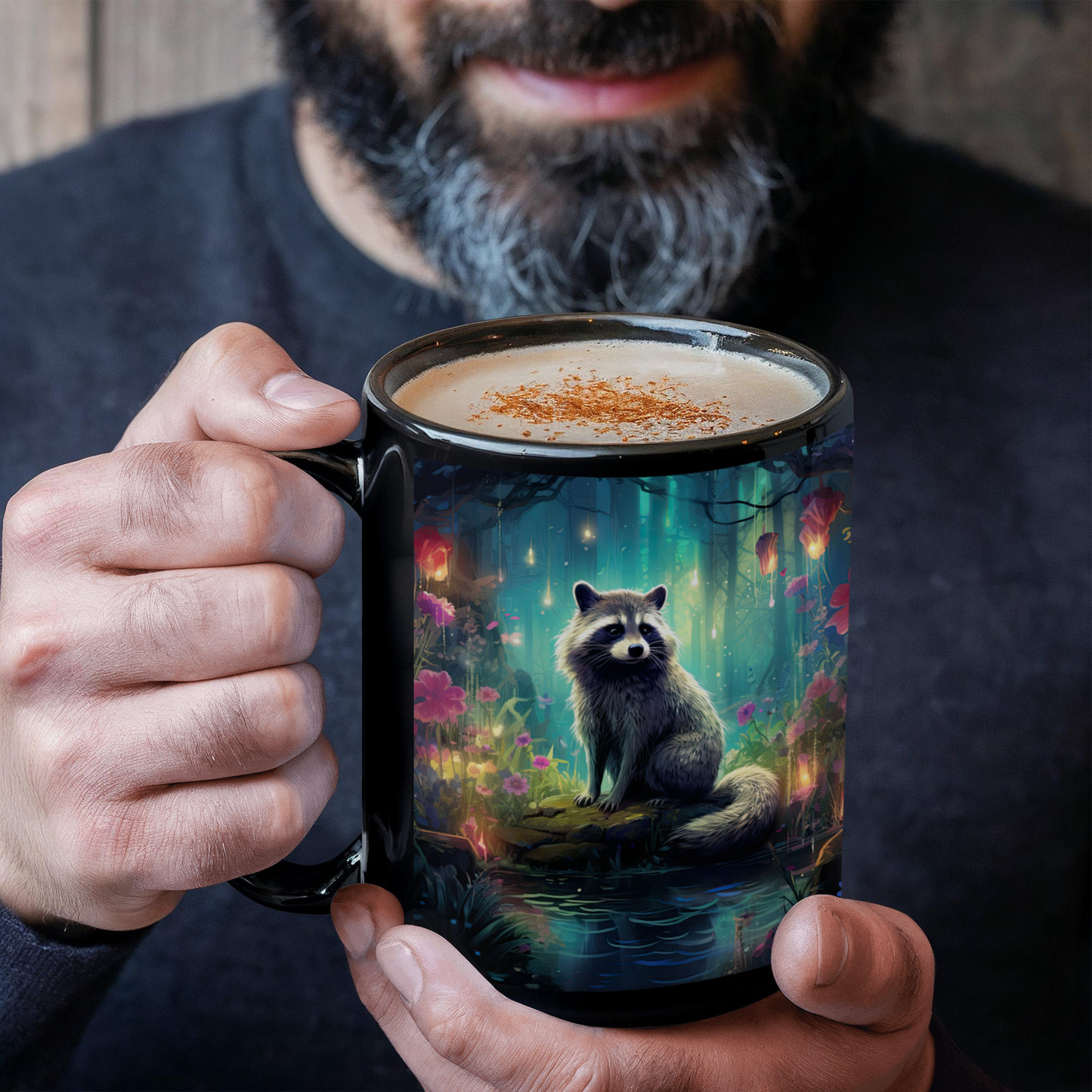 Enchanted Raccoon Black Coffee Mug – Fantasy Forest Animal Design | 11oz & 15oz Ceramic Mug - Mallard Moon Gift Shop