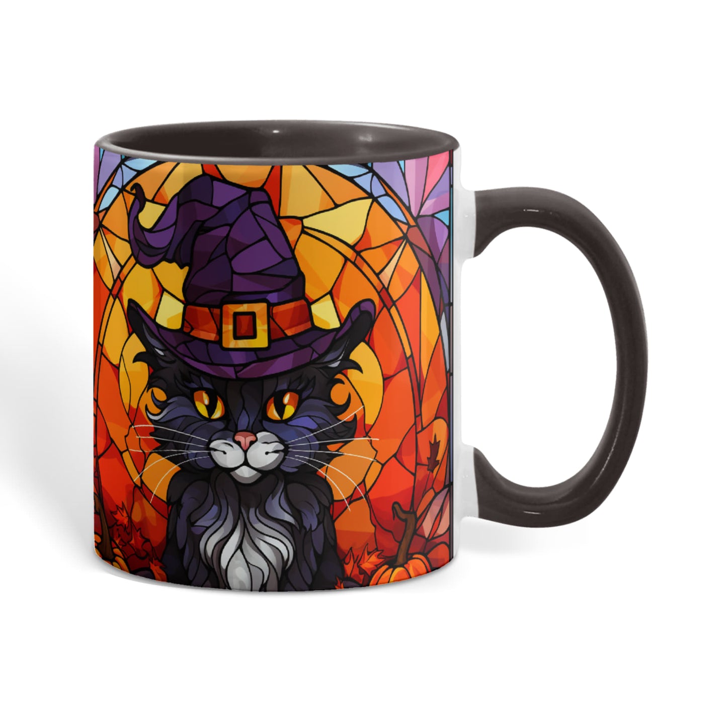 Halloween Black Cat Witch Stained Glass Ceramic Two-tone Mug – Spooky Fall Coffee Cup for Cat Lovers - Mallard Moon
