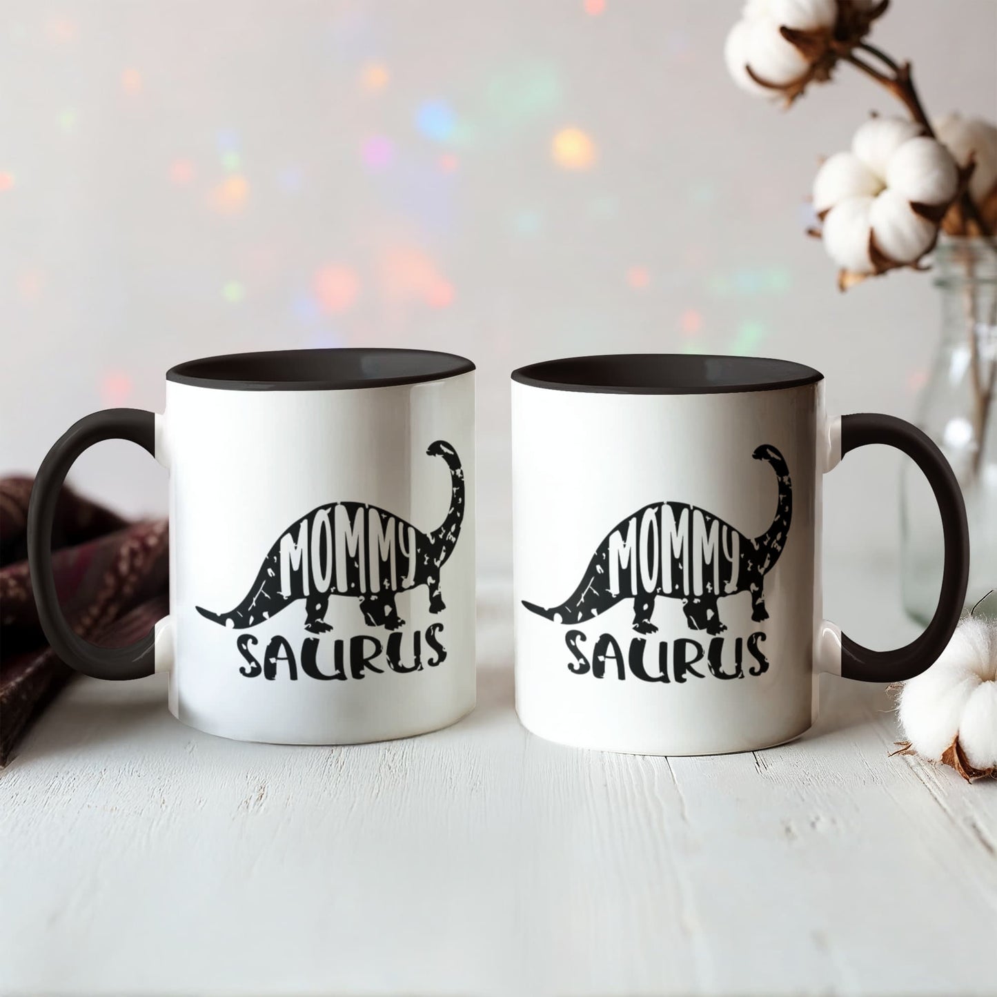 Mommy Saurus Dinosaur Mug – Funny Gift for Moms – Two Tone Color Accent Ceramic Coffee Mugs - Mallard Moon Gift Shop