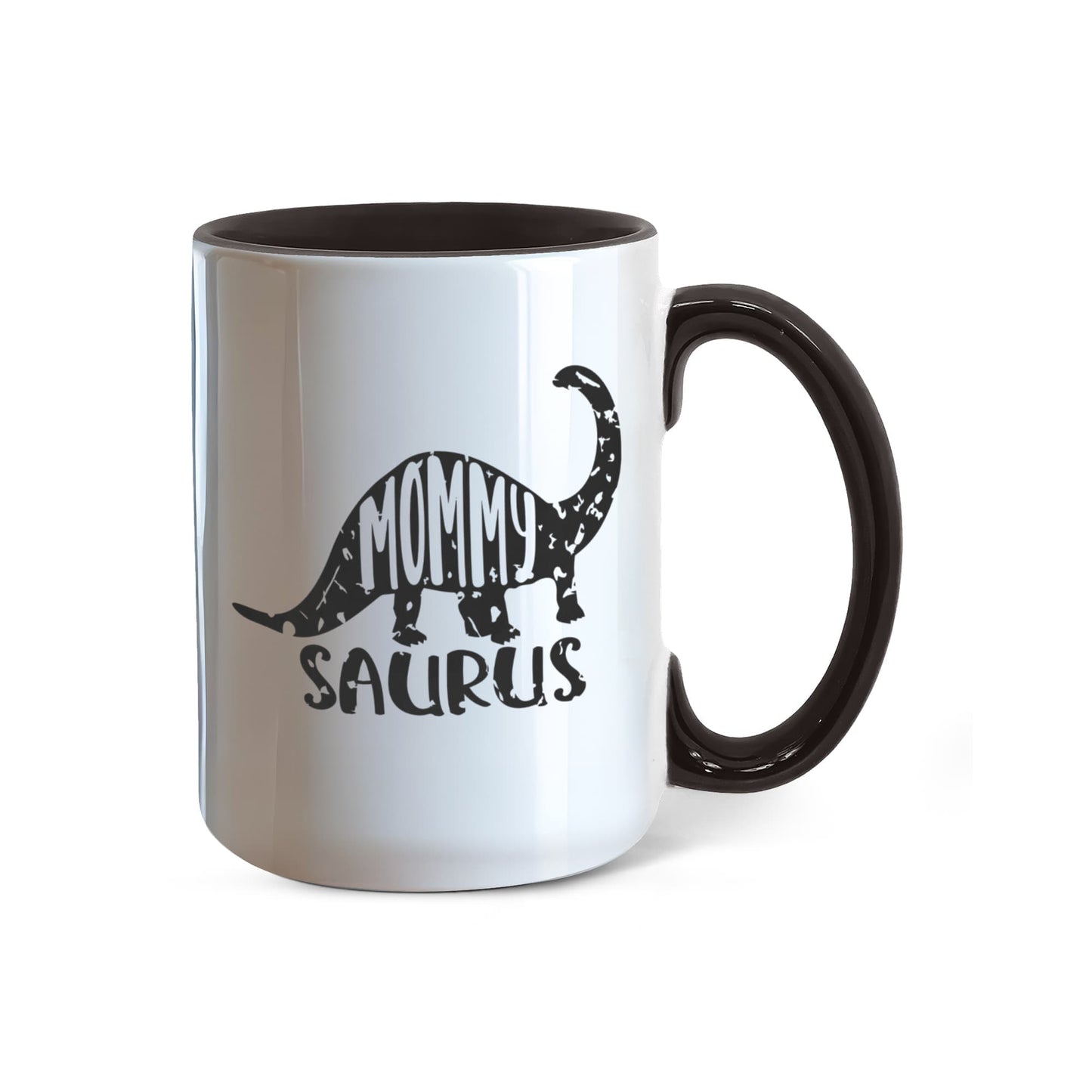 Mommy Saurus Dinosaur Mug – Funny Gift for Moms – Two Tone Color Accent Ceramic Coffee Mugs - Mallard Moon Gift Shop
