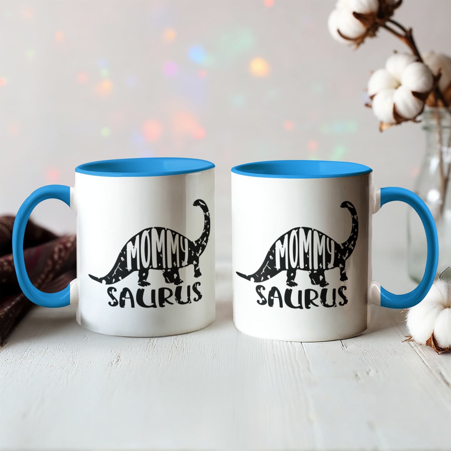 Mommy Saurus Dinosaur Mug – Funny Gift for Moms – Two Tone Color Accent Ceramic Coffee Mugs - Mallard Moon Gift Shop