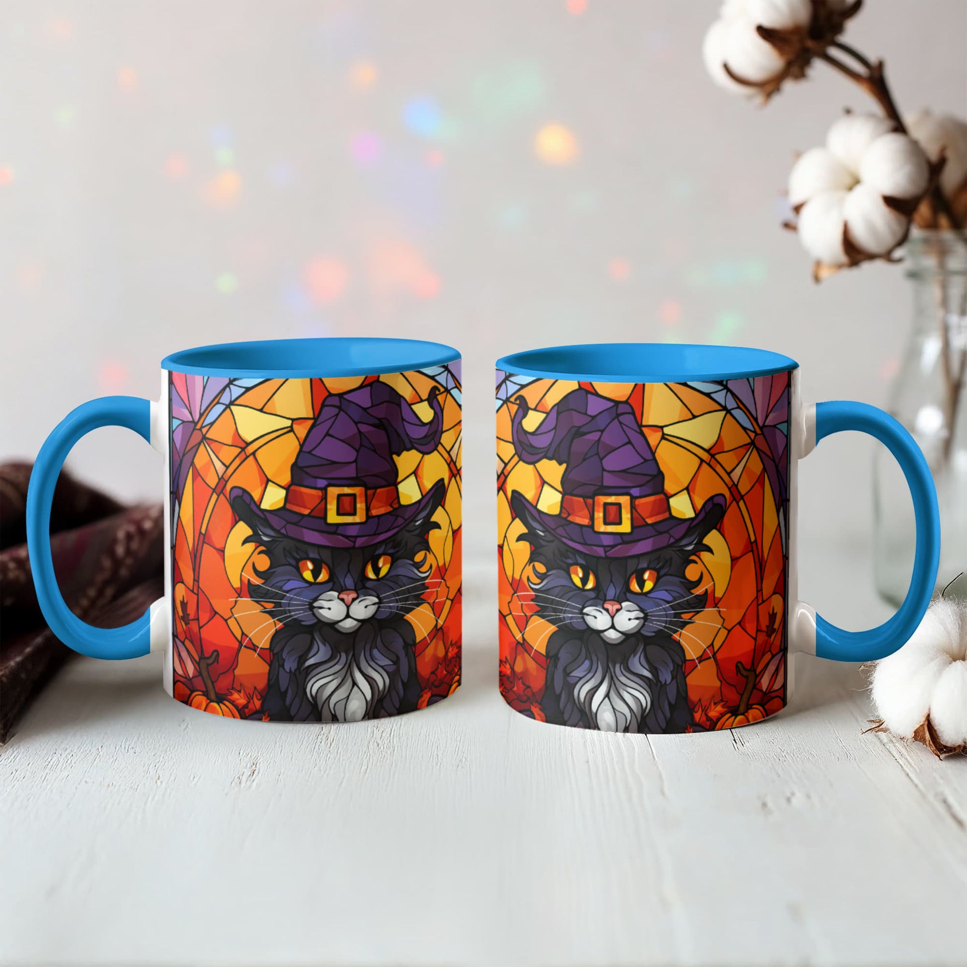 Halloween Black Cat Witch Stained Glass Ceramic Two-tone Mug – Spooky Fall Coffee Cup for Cat Lovers - Mallard Moon