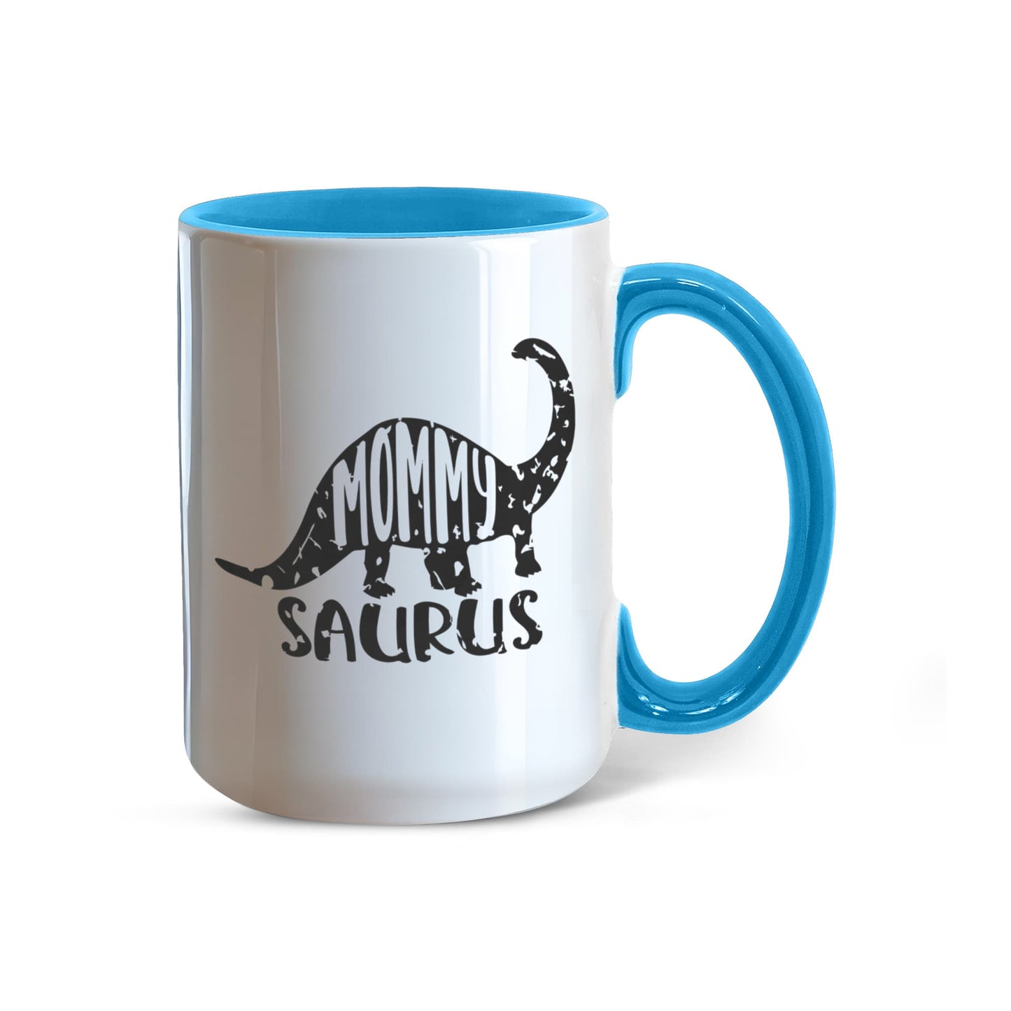Mommy Saurus Dinosaur Mug – Funny Gift for Moms – Two Tone Color Accent Ceramic Coffee Mugs - Mallard Moon Gift Shop