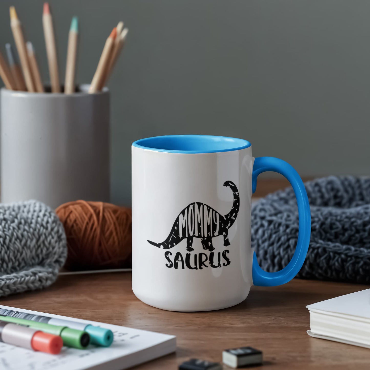 Mommy Saurus Dinosaur Mug – Funny Gift for Moms – Two Tone Color Accent Ceramic Coffee Mugs - Mallard Moon Gift Shop