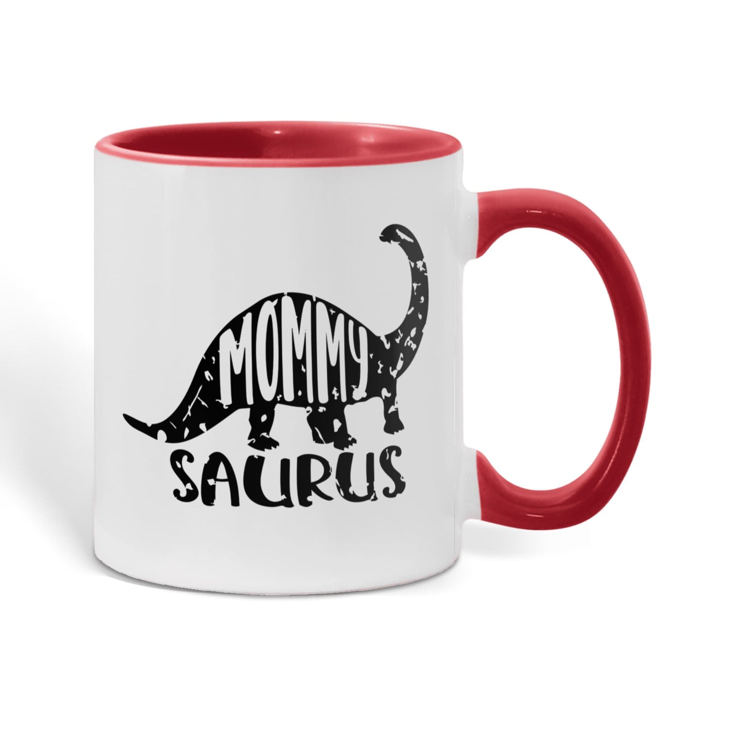 Mommy Saurus Dinosaur Mug – Funny Gift for Moms – Two Tone Color Accent Ceramic Coffee Mugs - Mallard Moon Gift Shop