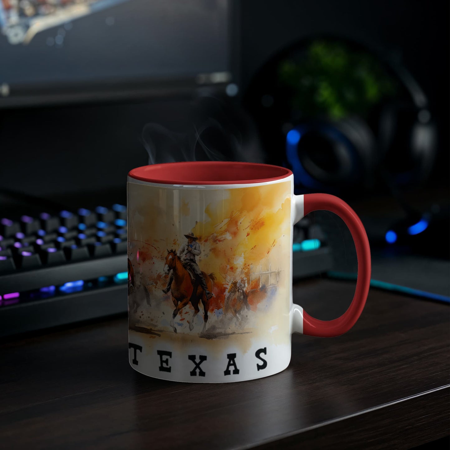 Texas Rodeo Cowboy Two-Tone Accent Mug – 11oz & 15oz – Western Cutting Horses Coffee Cup with Colored Interior & Handle - Mallard Moon Gift Shop