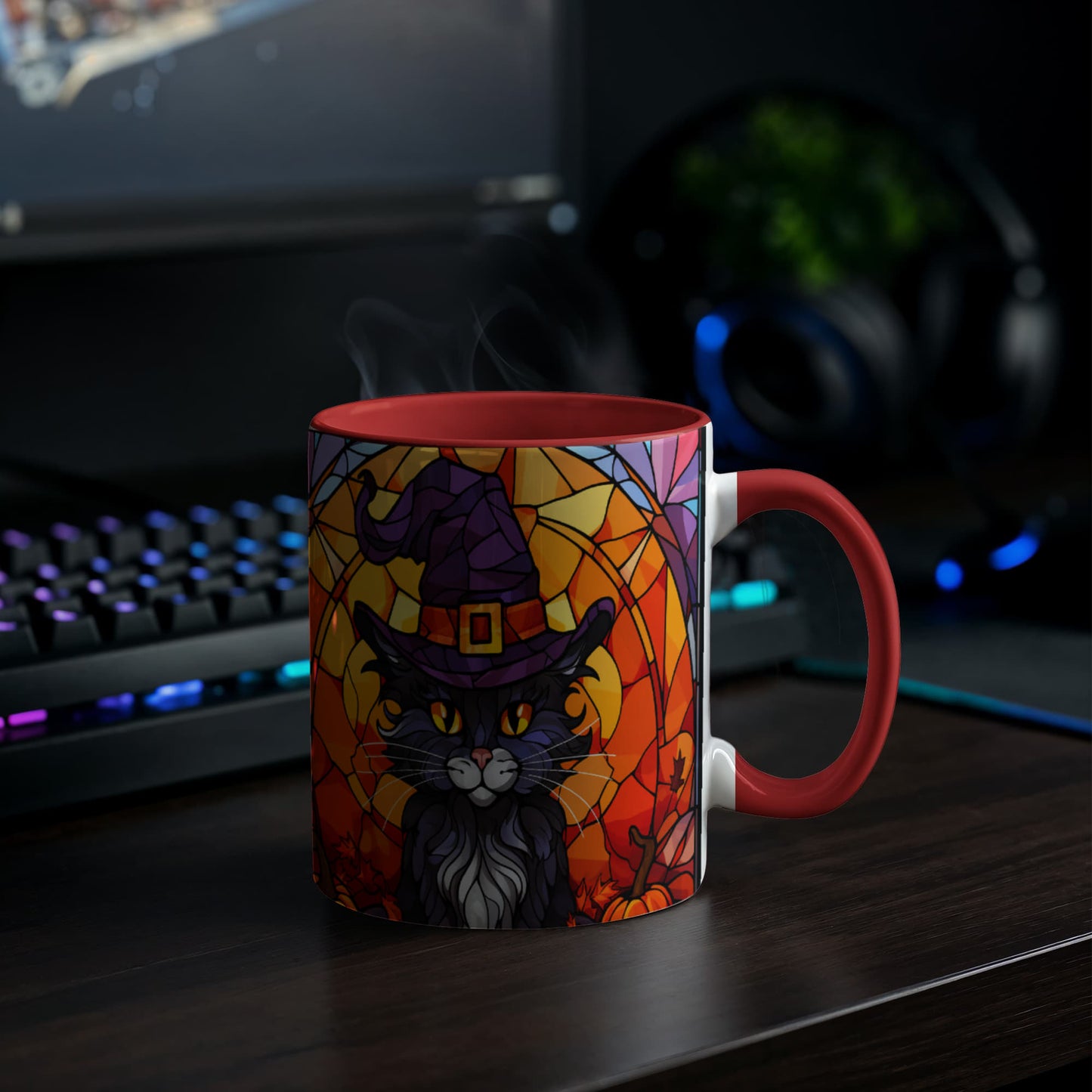 Halloween Black Cat Witch Stained Glass Ceramic Two-tone Mug – Spooky Fall Coffee Cup for Cat Lovers - Mallard Moon