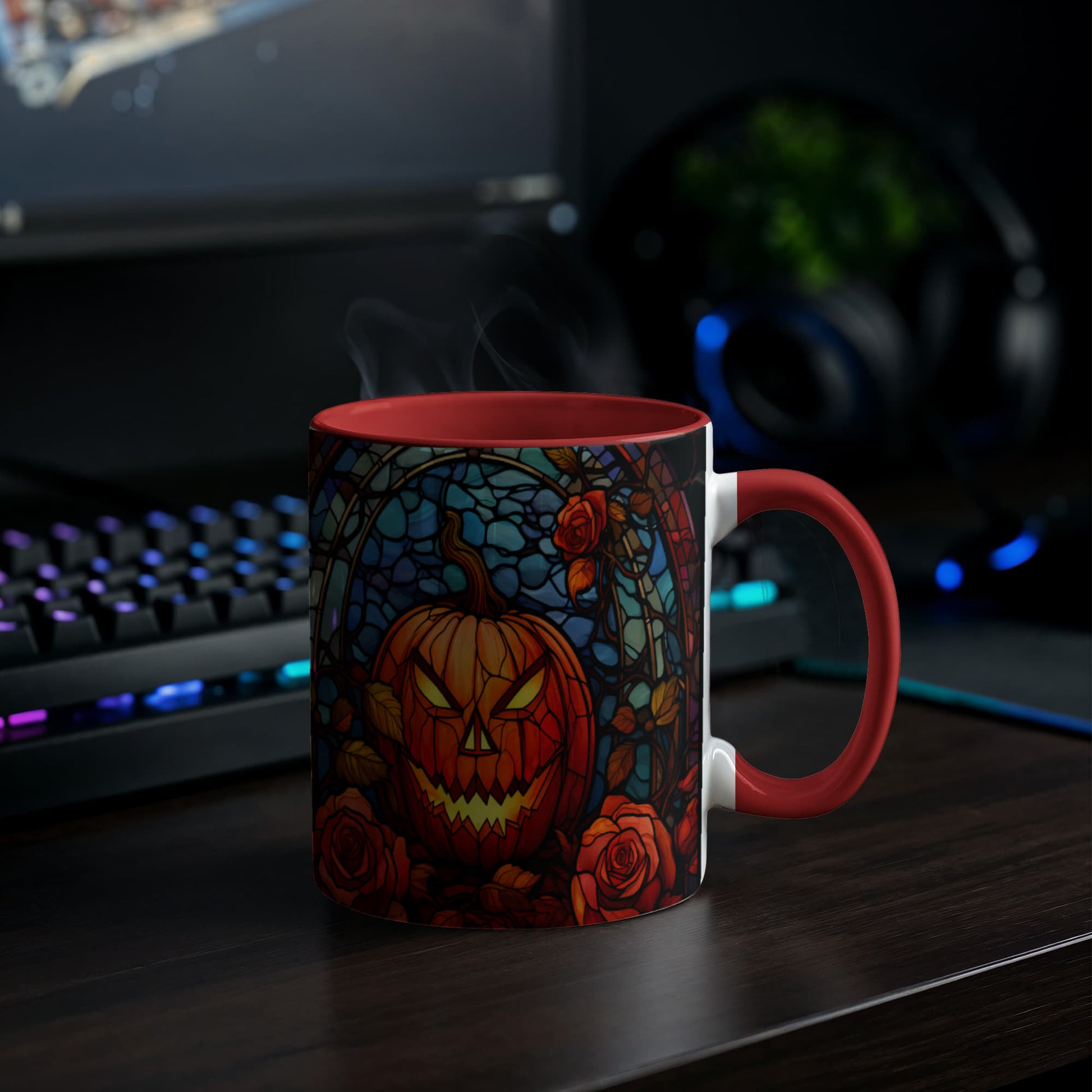 Stained Glass Pumpkin Halloween Ceramic Two Toned Accent Color Mug β Vibrant Jack-O'-Lantern Coffee Cup - Mallard Moon