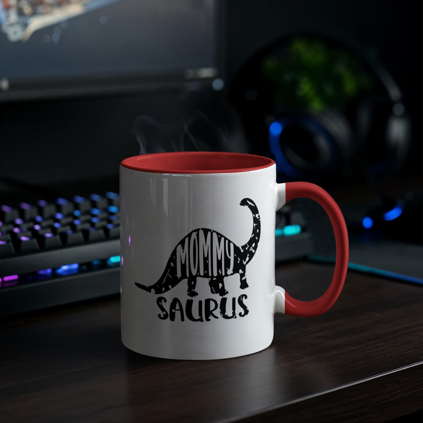 Mommy Saurus Dinosaur Mug – Funny Gift for Moms – Two Tone Color Accent Ceramic Coffee Mugs - Mallard Moon Gift Shop