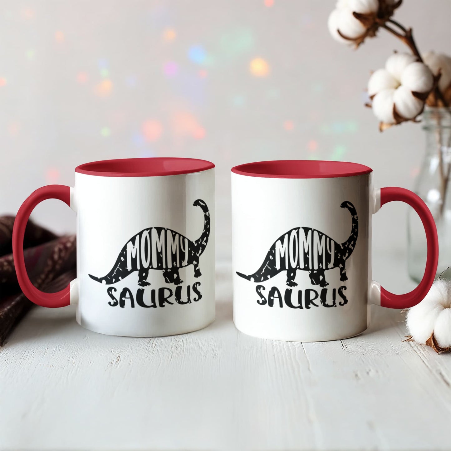 Mommy Saurus Dinosaur Mug – Funny Gift for Moms – Two Tone Color Accent Ceramic Coffee Mugs - Mallard Moon Gift Shop