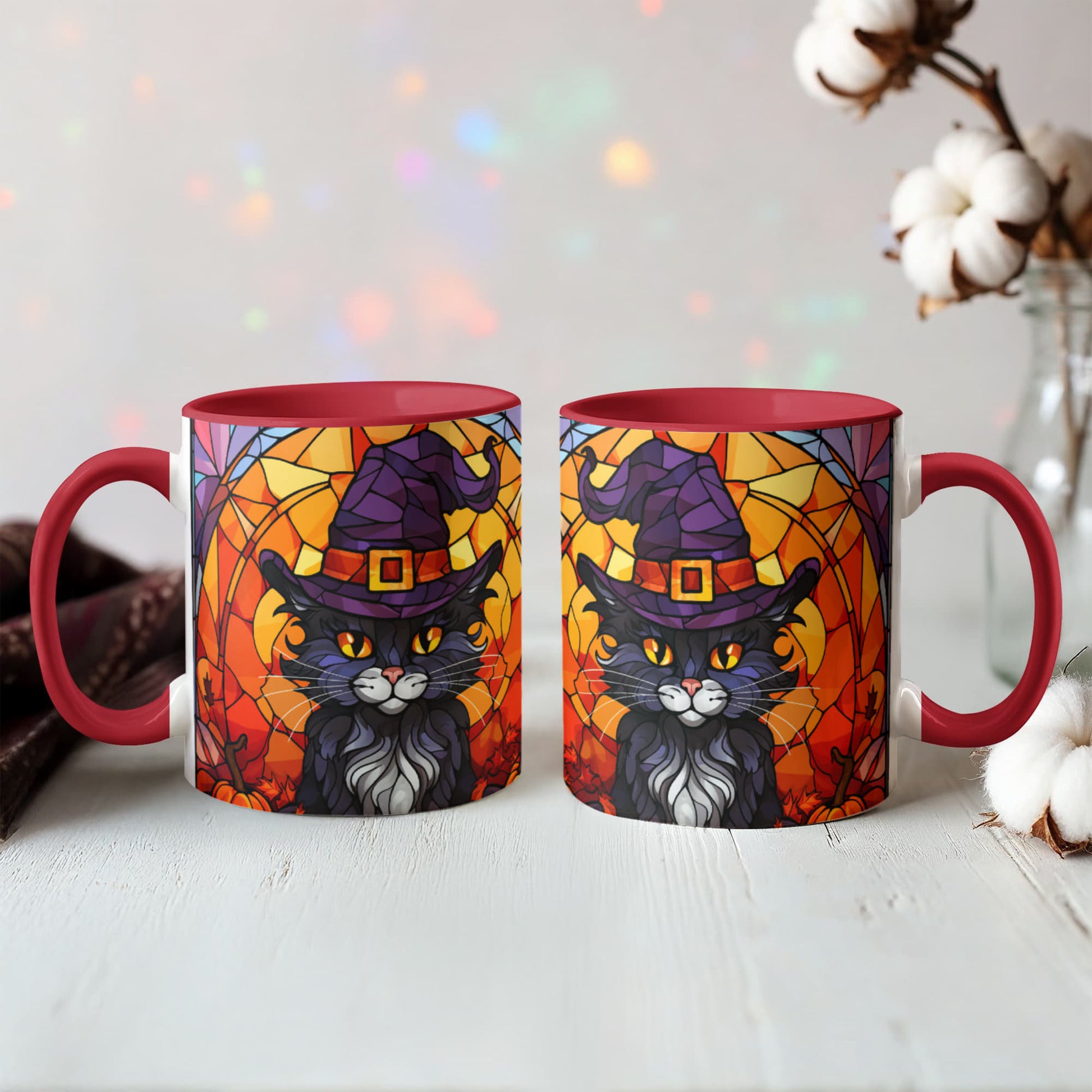 Halloween Black Cat Witch Stained Glass Ceramic Two-tone Mug – Spooky Fall Coffee Cup for Cat Lovers - Mallard Moon