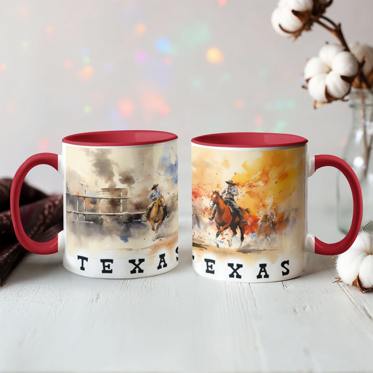 Texas Rodeo Cowboy Two-Tone Accent Mug – 11oz & 15oz – Western Cutting Horses Coffee Cup with Colored Interior & Handle - Mallard Moon Gift Shop