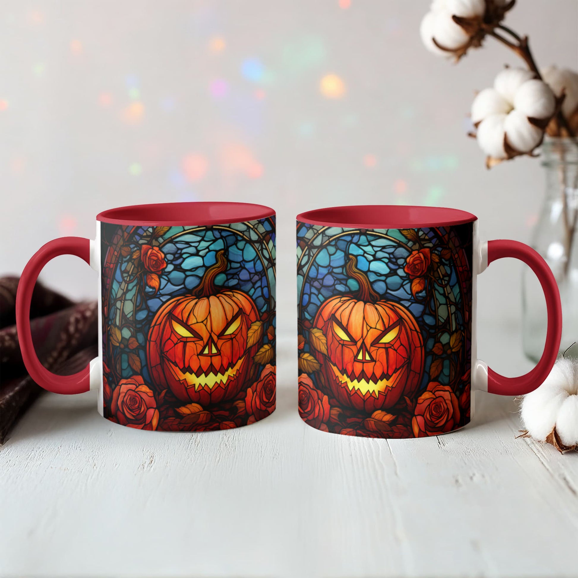 Stained Glass Pumpkin Halloween Ceramic Two Toned Accent Color Mug β Vibrant Jack-O'-Lantern Coffee Cup - Mallard Moon