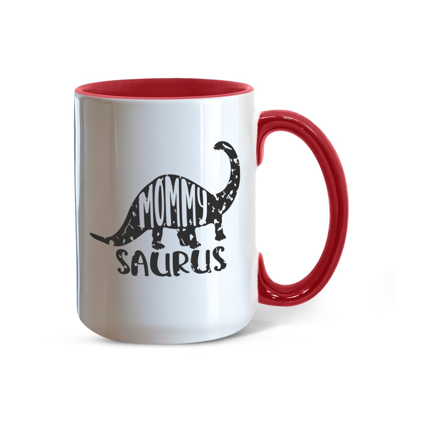 Mommy Saurus Dinosaur Mug – Funny Gift for Moms – Two Tone Color Accent Ceramic Coffee Mugs - Mallard Moon Gift Shop