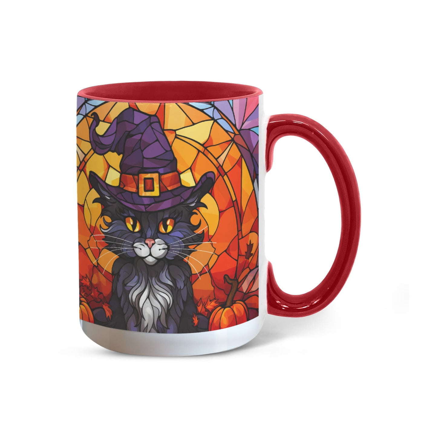 Halloween Black Cat Witch Stained Glass Ceramic Two-tone Mug – Spooky Fall Coffee Cup for Cat Lovers - Mallard Moon