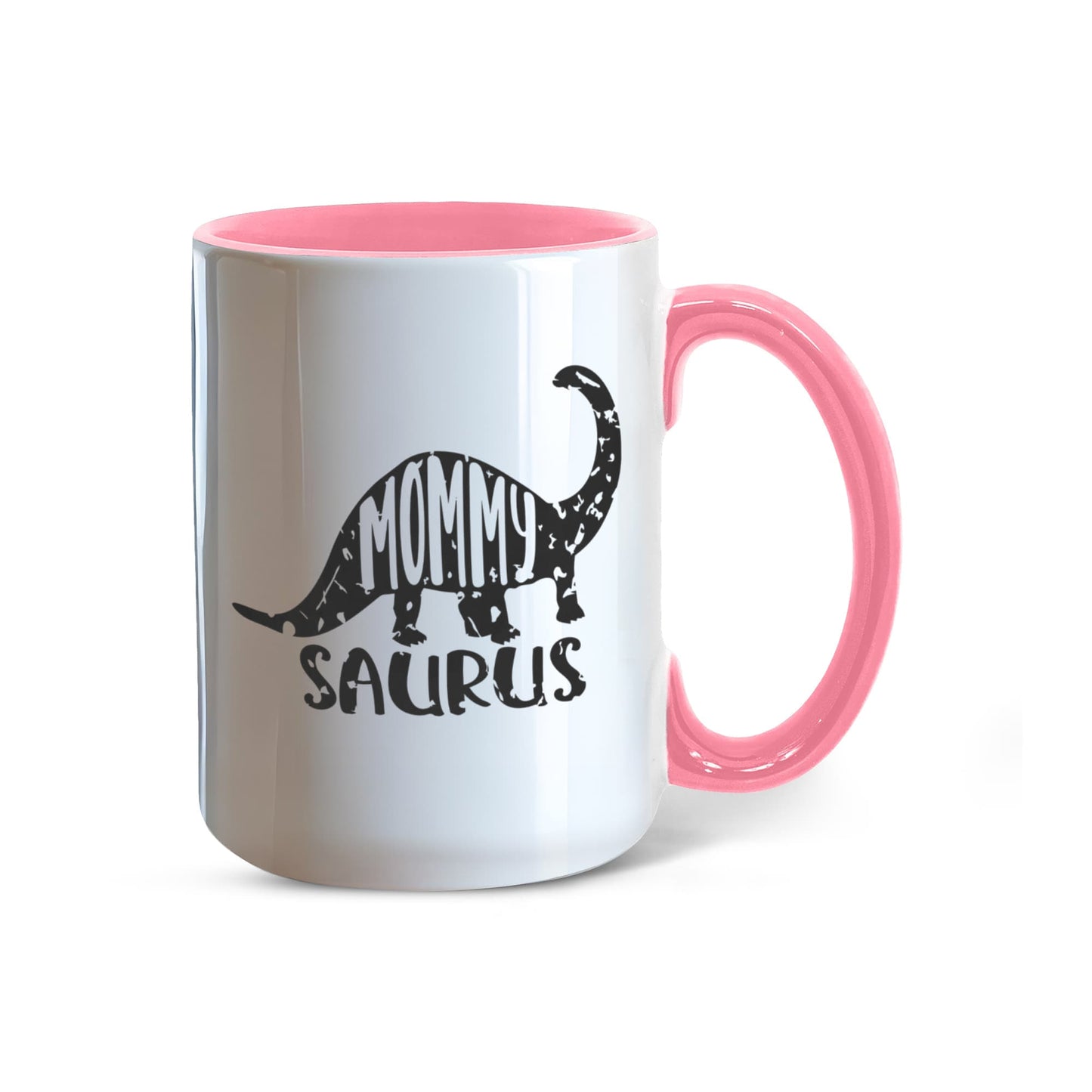 Mommy Saurus Dinosaur Mug – Funny Gift for Moms – Two Tone Color Accent Ceramic Coffee Mugs - Mallard Moon Gift Shop