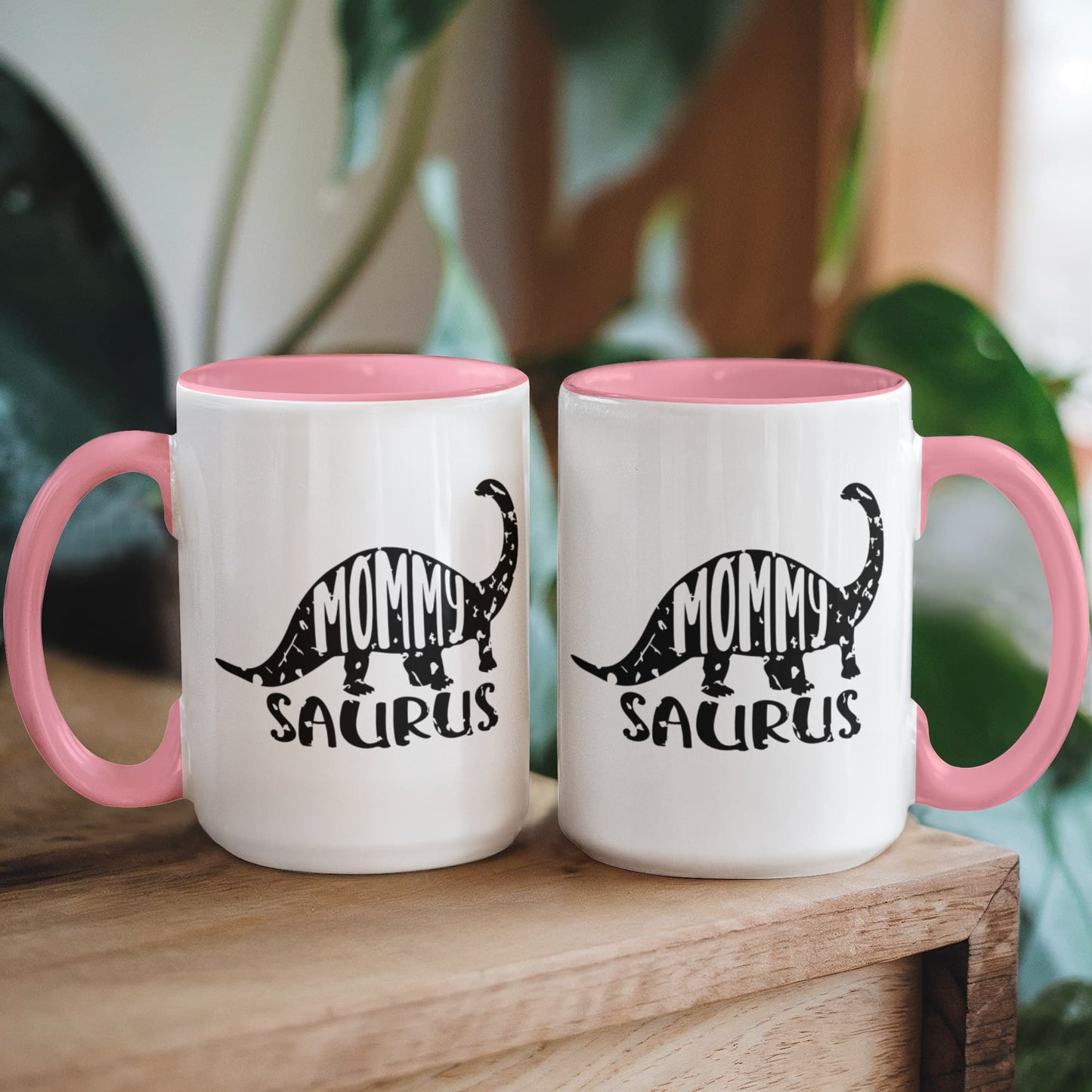 Mommy Saurus Dinosaur Mug – Funny Gift for Moms – Two Tone Color Accent Ceramic Coffee Mugs - Mallard Moon Gift Shop