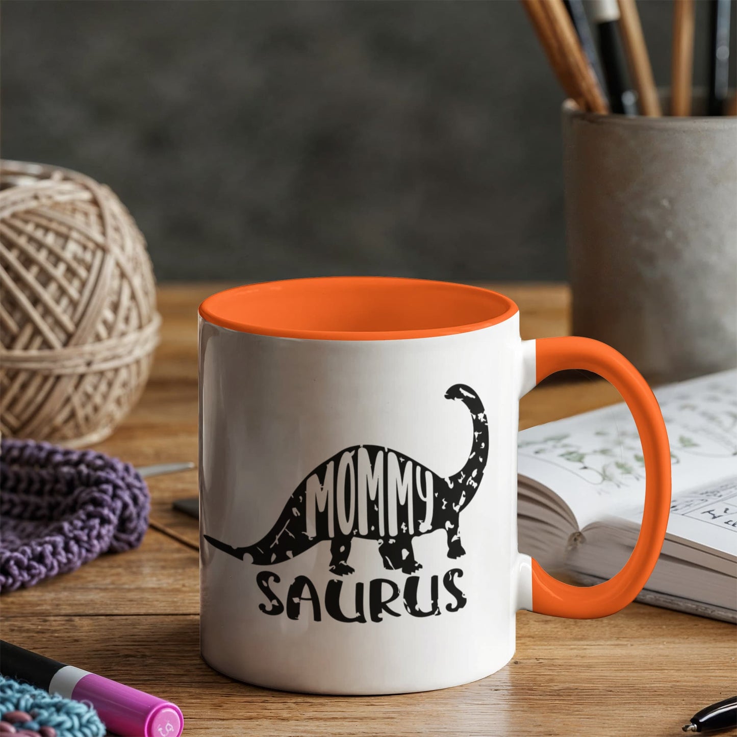 Mommy Saurus Dinosaur Mug – Funny Gift for Moms – Two Tone Color Accent Ceramic Coffee Mugs - Mallard Moon Gift Shop
