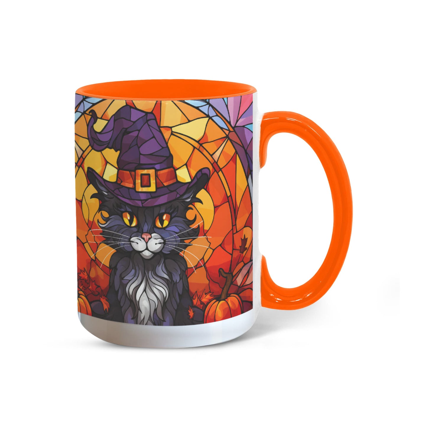 Halloween Black Cat Witch Stained Glass Ceramic Two-tone Mug – Spooky Fall Coffee Cup for Cat Lovers - Mallard Moon