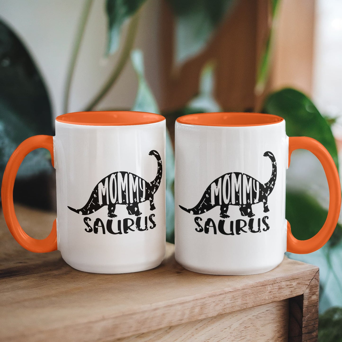 Mommy Saurus Dinosaur Mug – Funny Gift for Moms – Two Tone Color Accent Ceramic Coffee Mugs - Mallard Moon Gift Shop