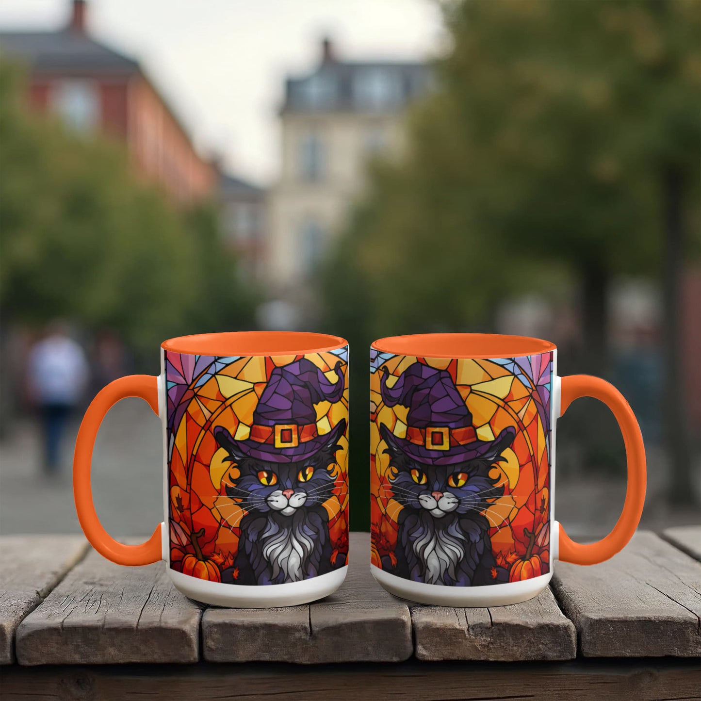 Halloween Black Cat Witch Stained Glass Ceramic Two-tone Mug – Spooky Fall Coffee Cup for Cat Lovers - Mallard Moon