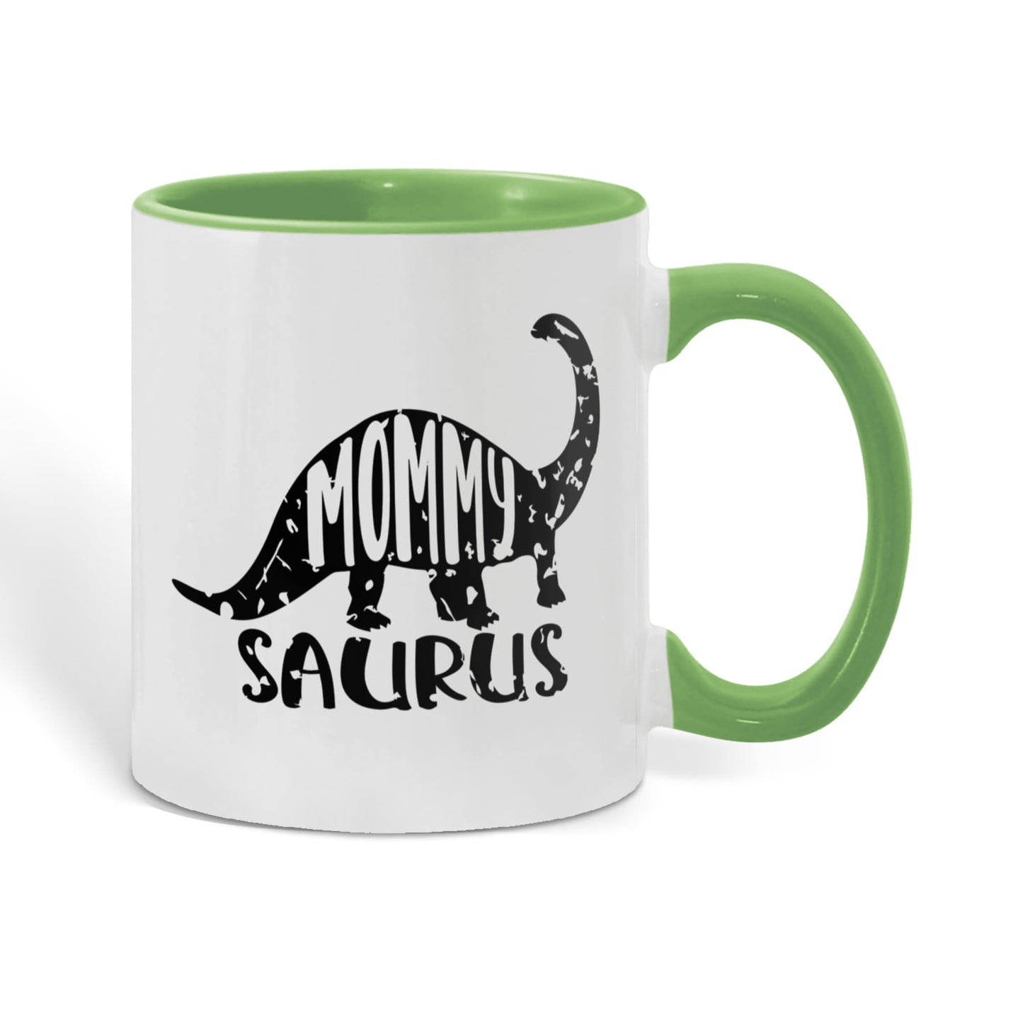 Mommy Saurus Dinosaur Mug – Funny Gift for Moms – Two Tone Color Accent Ceramic Coffee Mugs - Mallard Moon Gift Shop