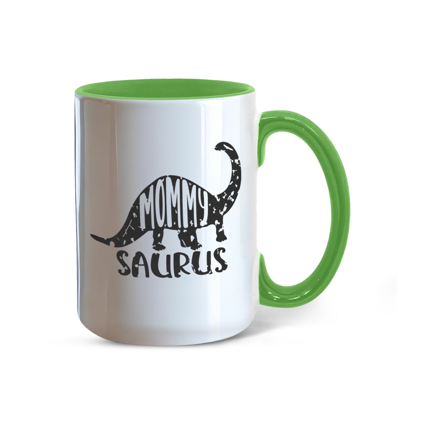 Mommy Saurus Dinosaur Mug – Funny Gift for Moms – Two Tone Color Accent Ceramic Coffee Mugs - Mallard Moon Gift Shop