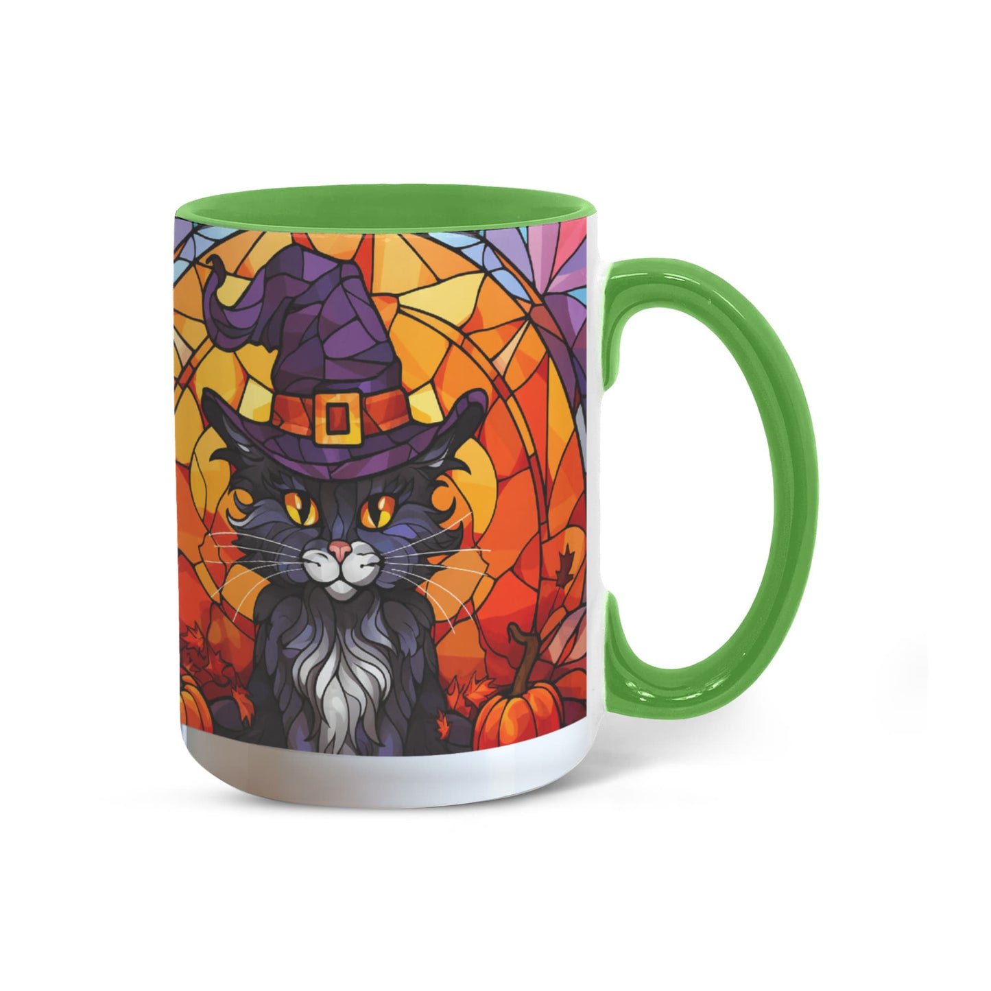 Halloween Black Cat Witch Stained Glass Ceramic Two-tone Mug – Spooky Fall Coffee Cup for Cat Lovers - Mallard Moon