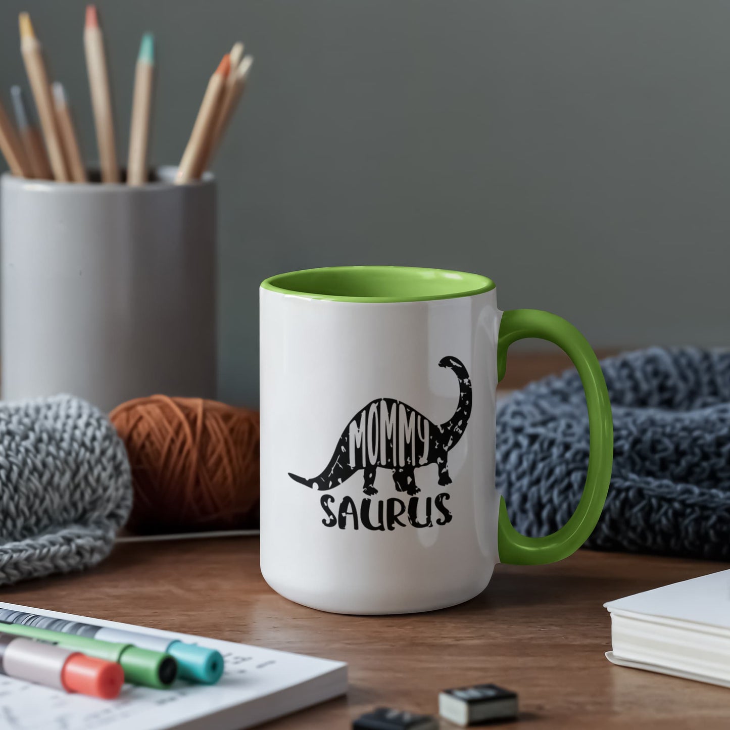 Mommy Saurus Dinosaur Mug – Funny Gift for Moms – Two Tone Color Accent Ceramic Coffee Mugs - Mallard Moon Gift Shop