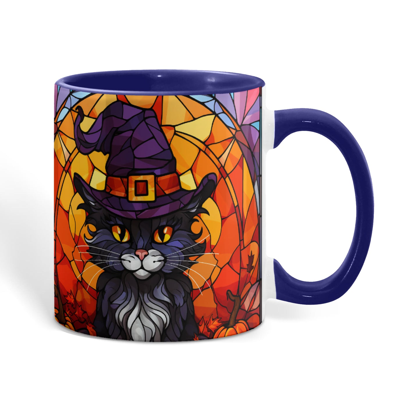 Halloween Black Cat Witch Stained Glass Ceramic Two-tone Mug – Spooky Fall Coffee Cup for Cat Lovers - Mallard Moon