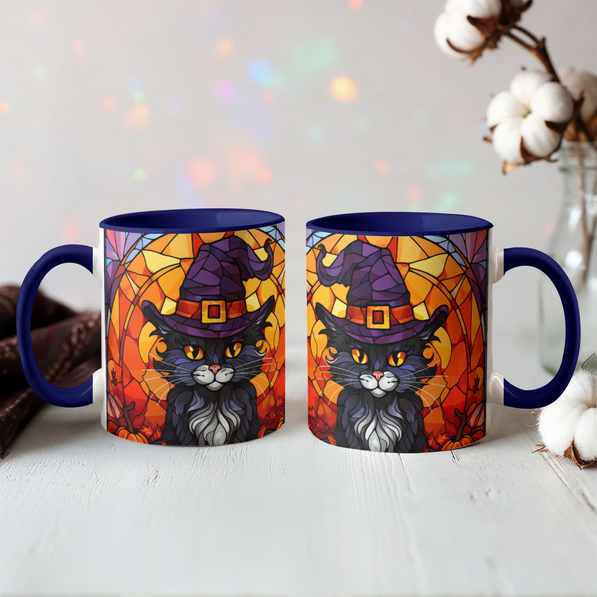 Halloween Black Cat Witch Stained Glass Ceramic Two-tone Mug – Spooky Fall Coffee Cup for Cat Lovers - Mallard Moon