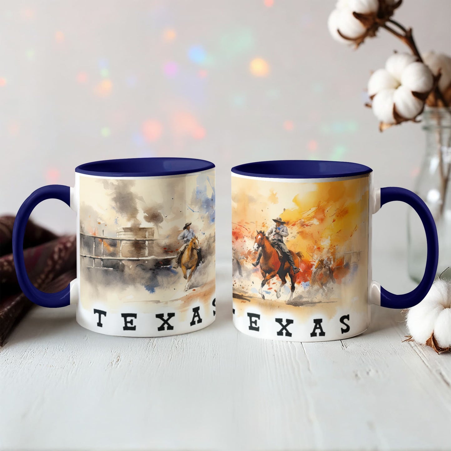Texas Rodeo Cowboy Two-Tone Accent Mug – 11oz & 15oz – Western Cutting Horses Coffee Cup with Colored Interior & Handle - Mallard Moon Gift Shop