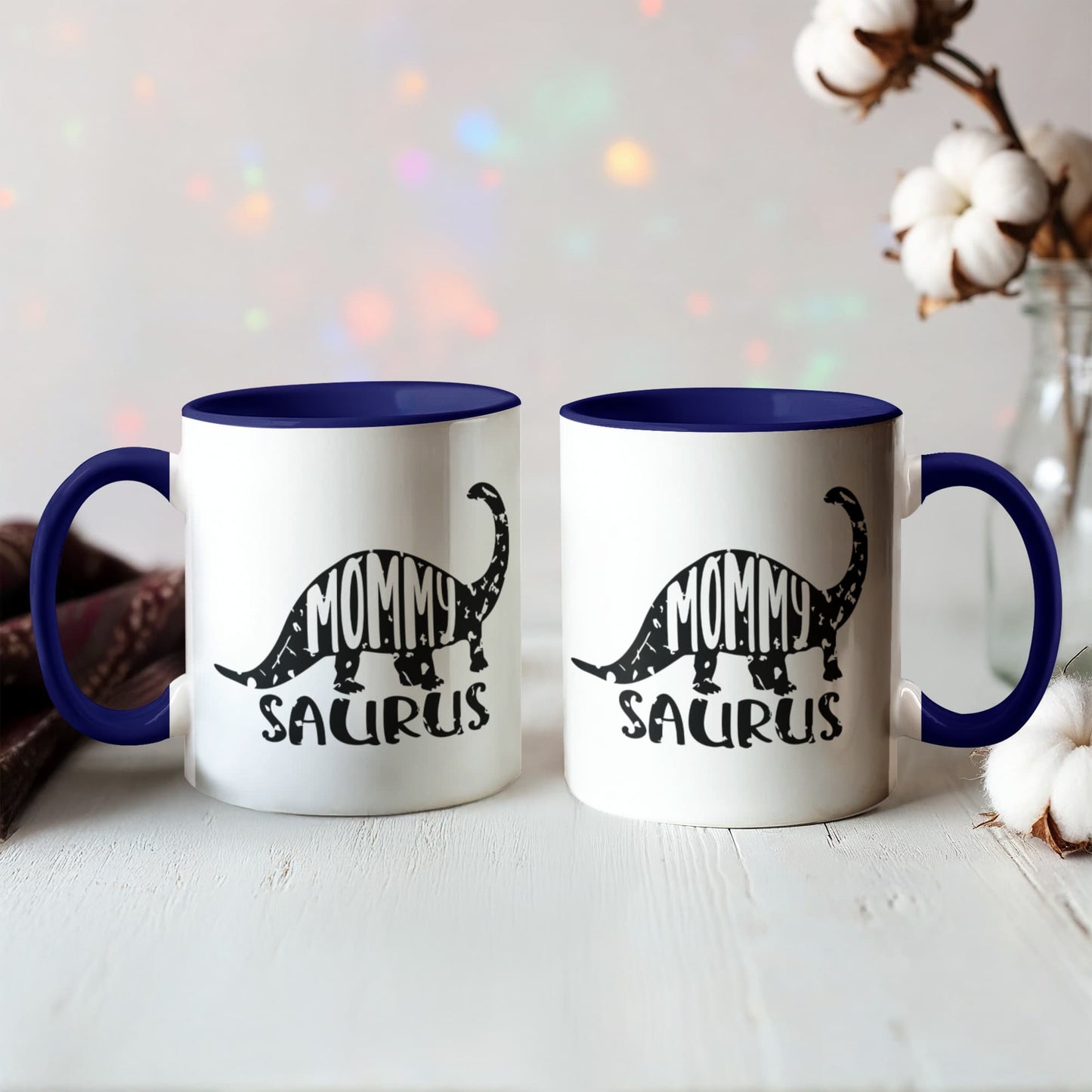 Mommy Saurus Dinosaur Mug – Funny Gift for Moms – Two Tone Color Accent Ceramic Coffee Mugs - Mallard Moon Gift Shop
