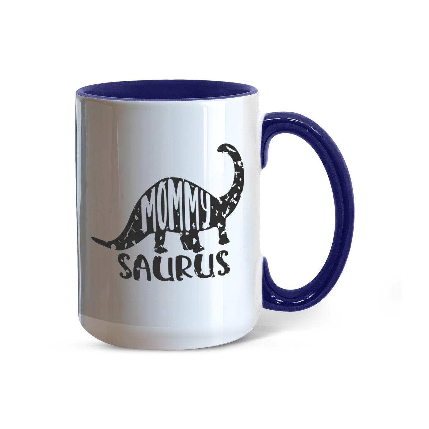 Mommy Saurus Dinosaur Mug – Funny Gift for Moms – Two Tone Color Accent Ceramic Coffee Mugs - Mallard Moon Gift Shop