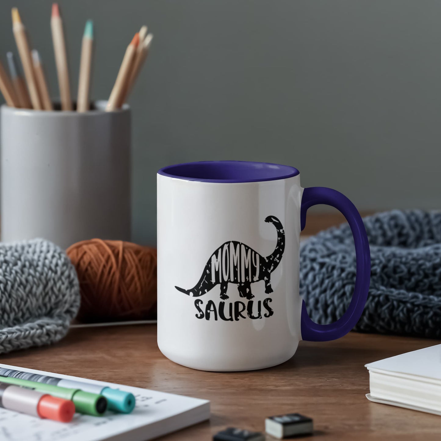 Mommy Saurus Dinosaur Mug – Funny Gift for Moms – Two Tone Color Accent Ceramic Coffee Mugs - Mallard Moon Gift Shop