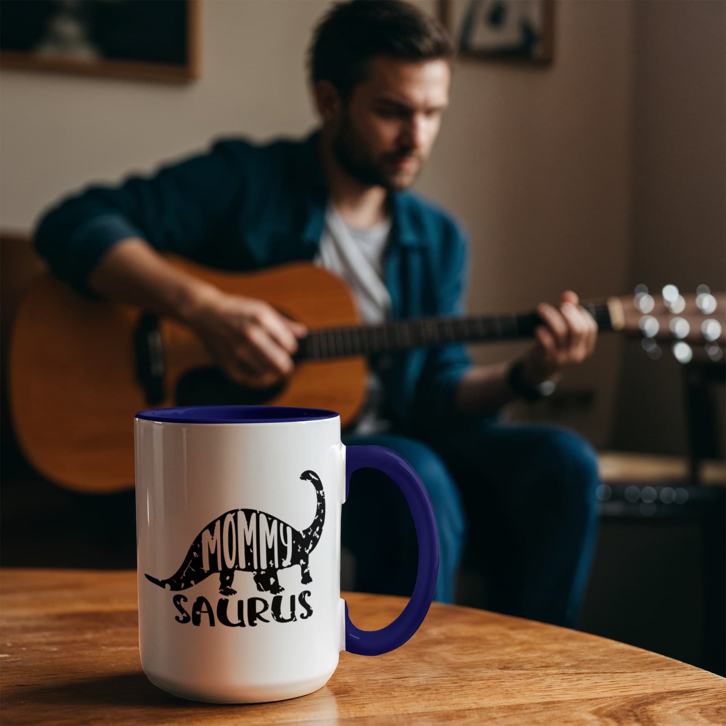 Mommy Saurus Dinosaur Mug – Funny Gift for Moms – Two Tone Color Accent Ceramic Coffee Mugs - Mallard Moon Gift Shop