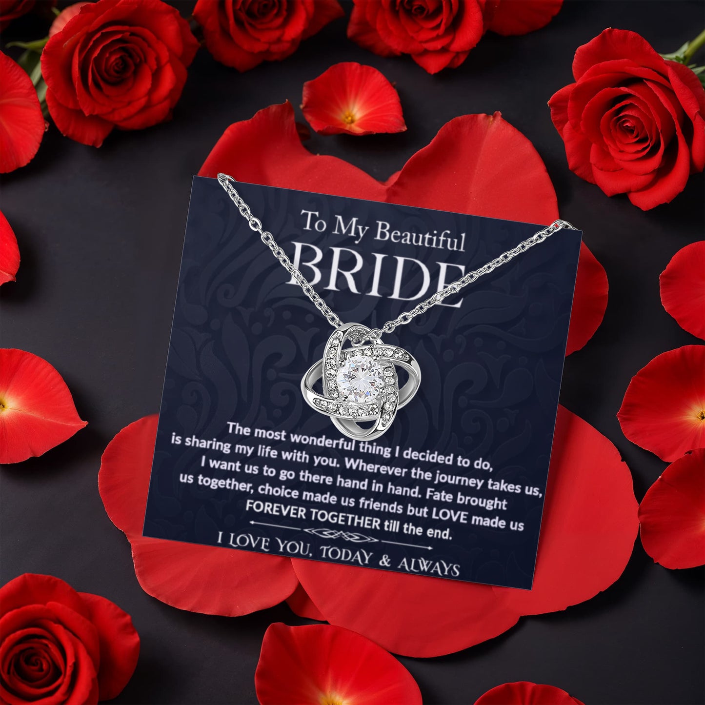 To My Beautiful Bride – Romantic Forever Together Message – Rotating Rose Love Knot Necklace Acrylic Gift Box