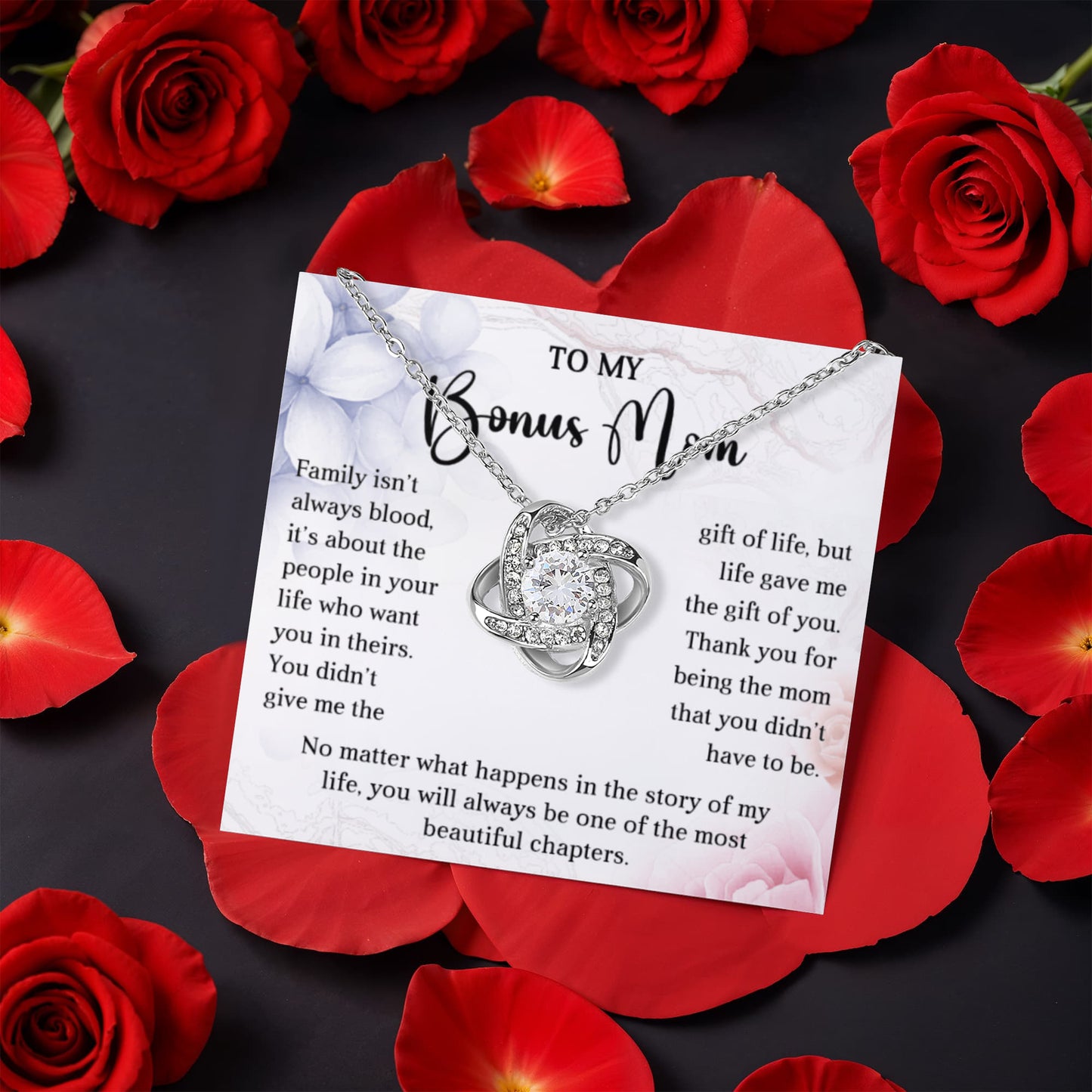 Gift for Your Bonus Mom - Beautiful Chapter - Love Knot Necklace with Rose Gift Gox