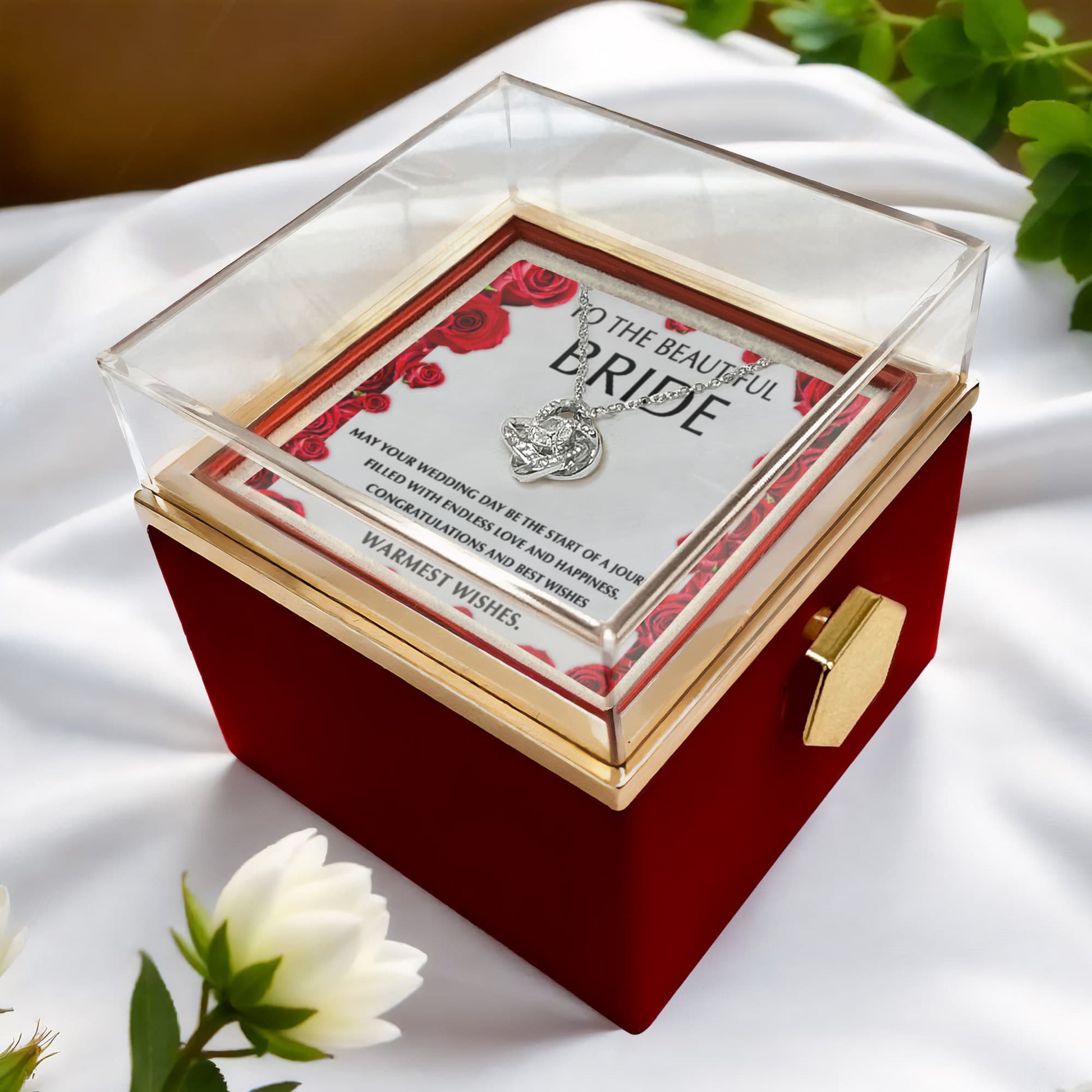 To the Beautiful Bride – Wedding Day Gift with Red Rose Message Card – Rotating Rose Love Knot Necklace for Bridal Shower or Wedding Keepsake - Mallard Moon Gift Shop