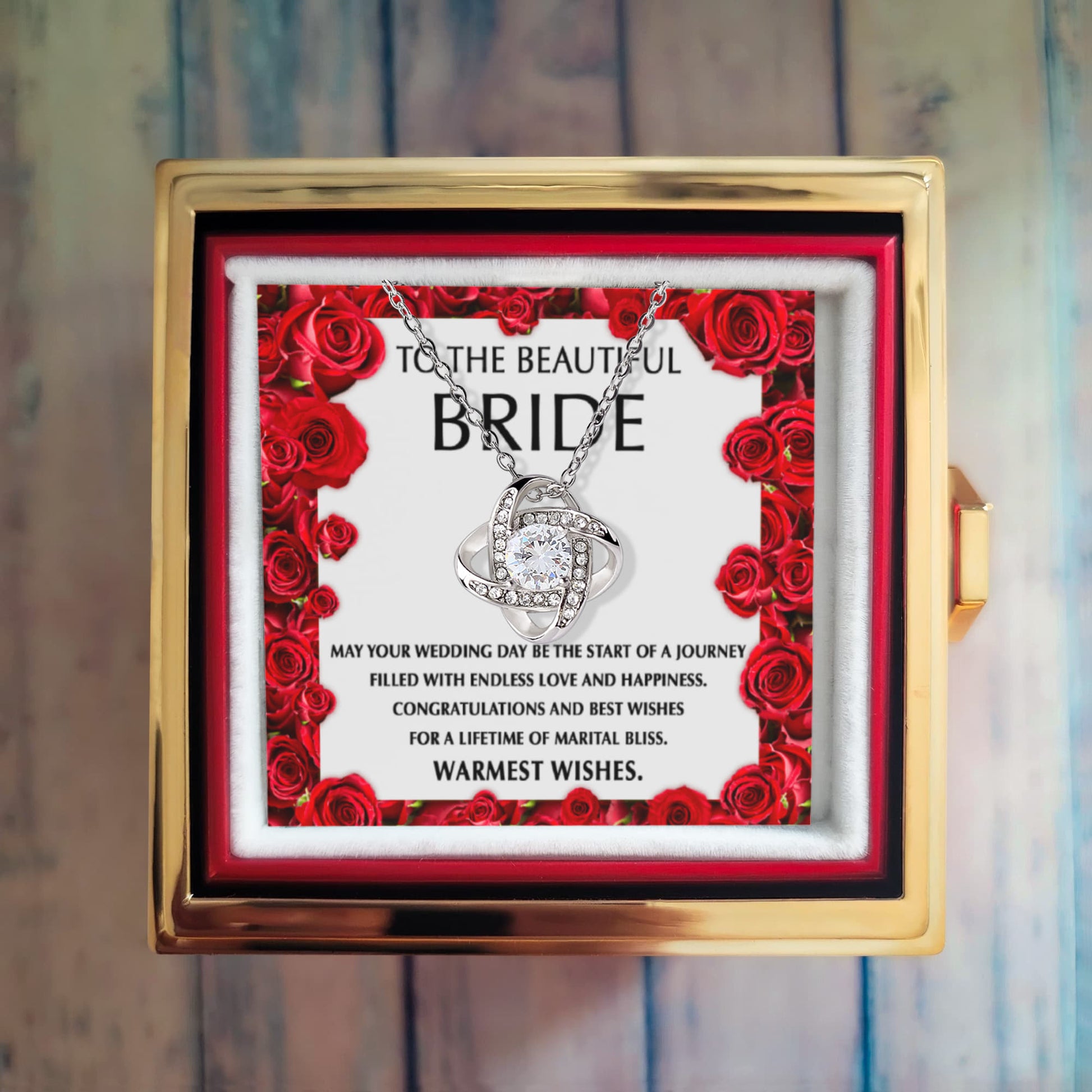 To the Beautiful Bride – Wedding Day Gift with Red Rose Message Card – Rotating Rose Love Knot Necklace for Bridal Shower or Wedding Keepsake - Mallard Moon Gift Shop