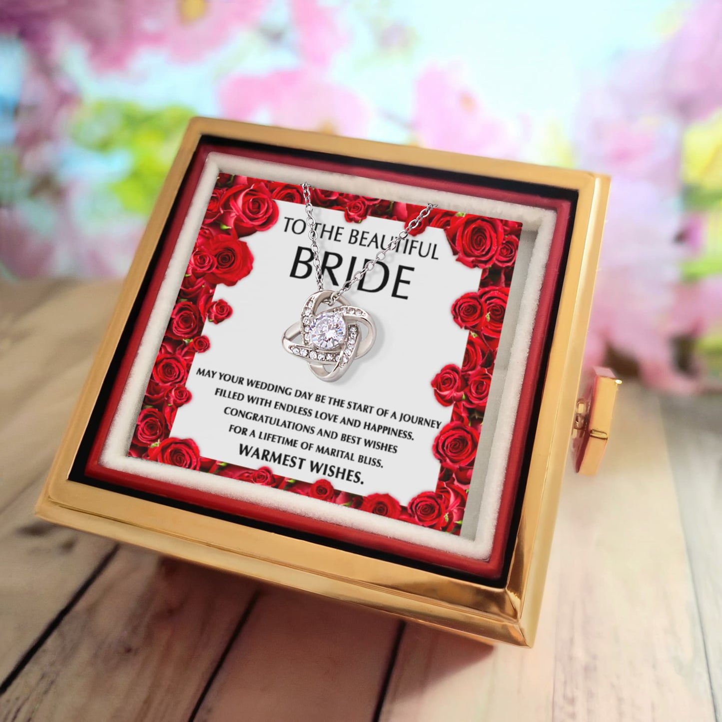 To the Beautiful Bride – Wedding Day Gift with Red Rose Message Card – Rotating Rose Love Knot Necklace for Bridal Shower or Wedding Keepsake - Mallard Moon Gift Shop