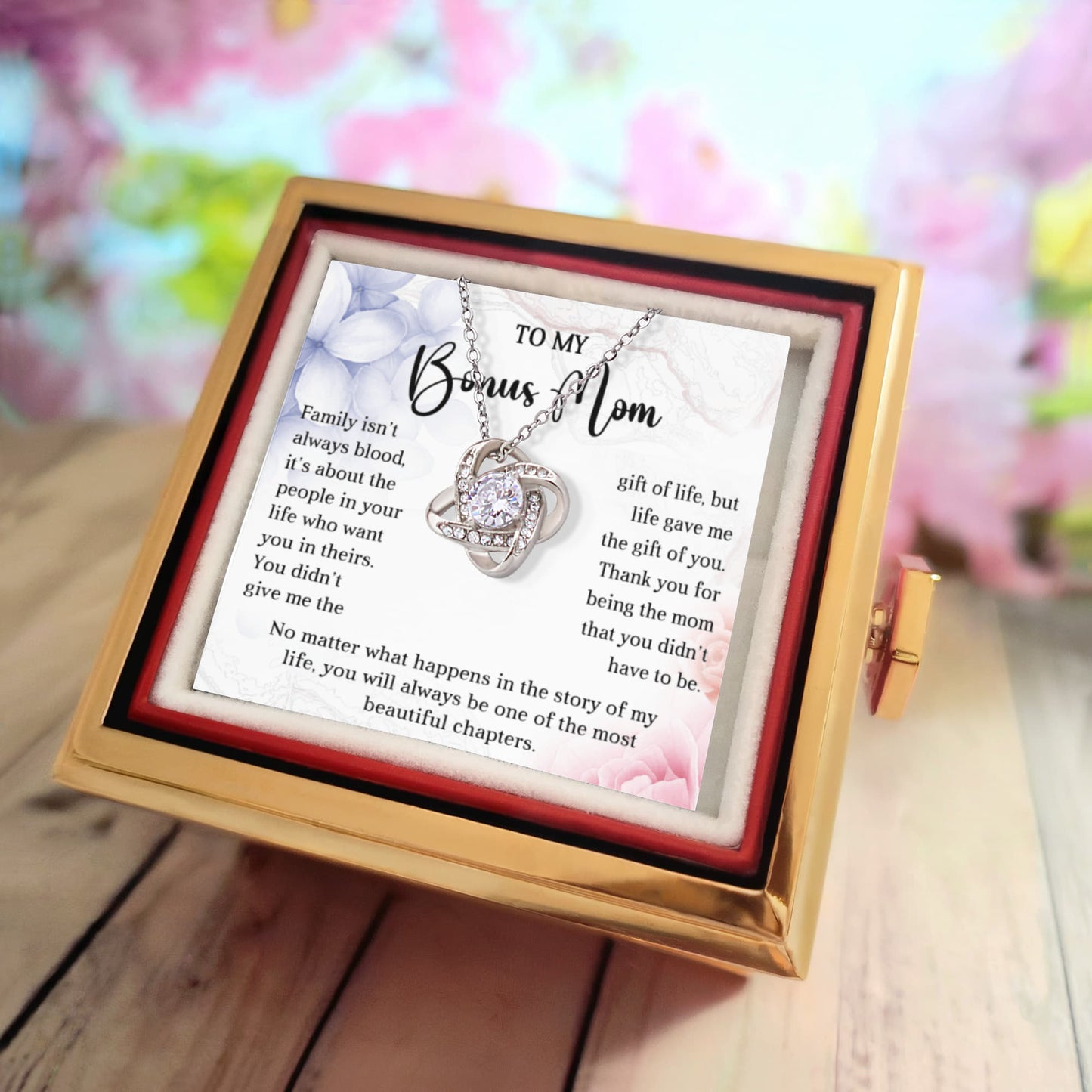 Gift for Your Bonus Mom - Beautiful Chapter - Love Knot Necklace with Rose Gift Gox