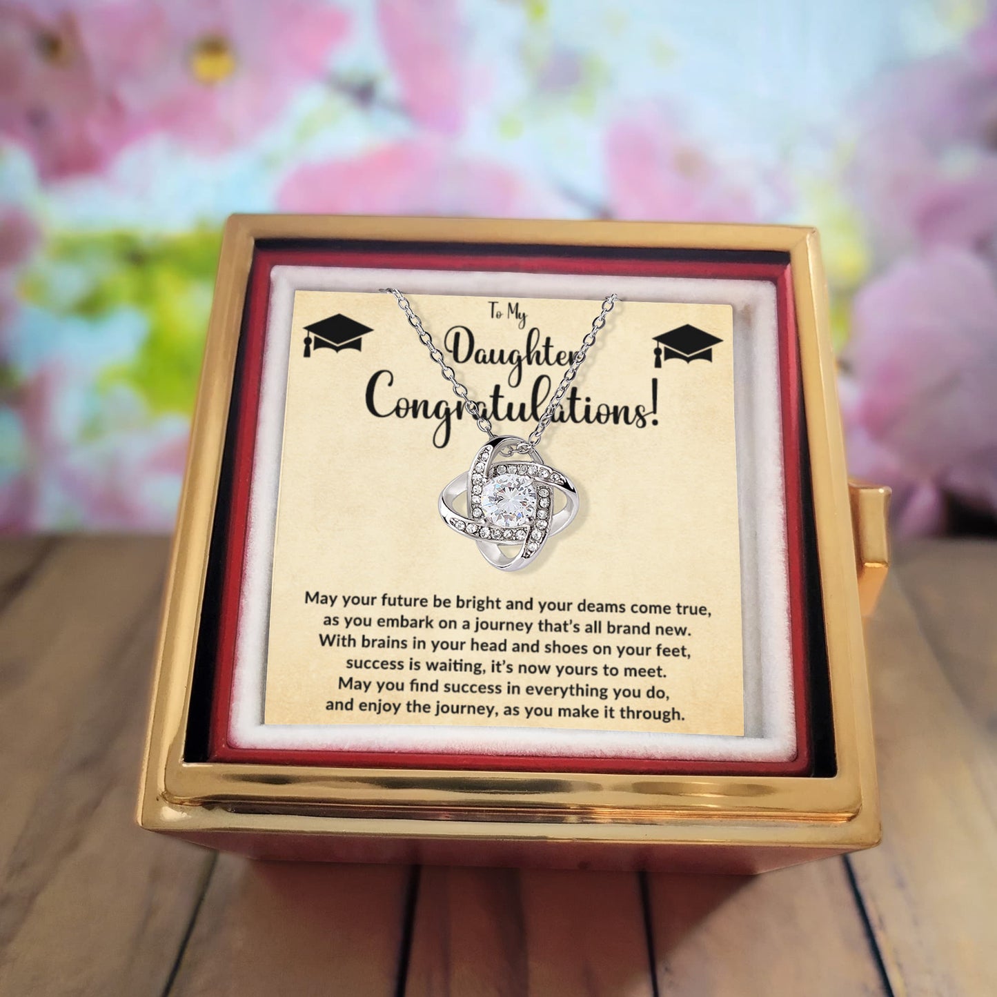 To My Daughter – Graduation Gift - Love Knot Necklace with Rotating Rose Jewelry Box - Mallard Moon Gift Shop