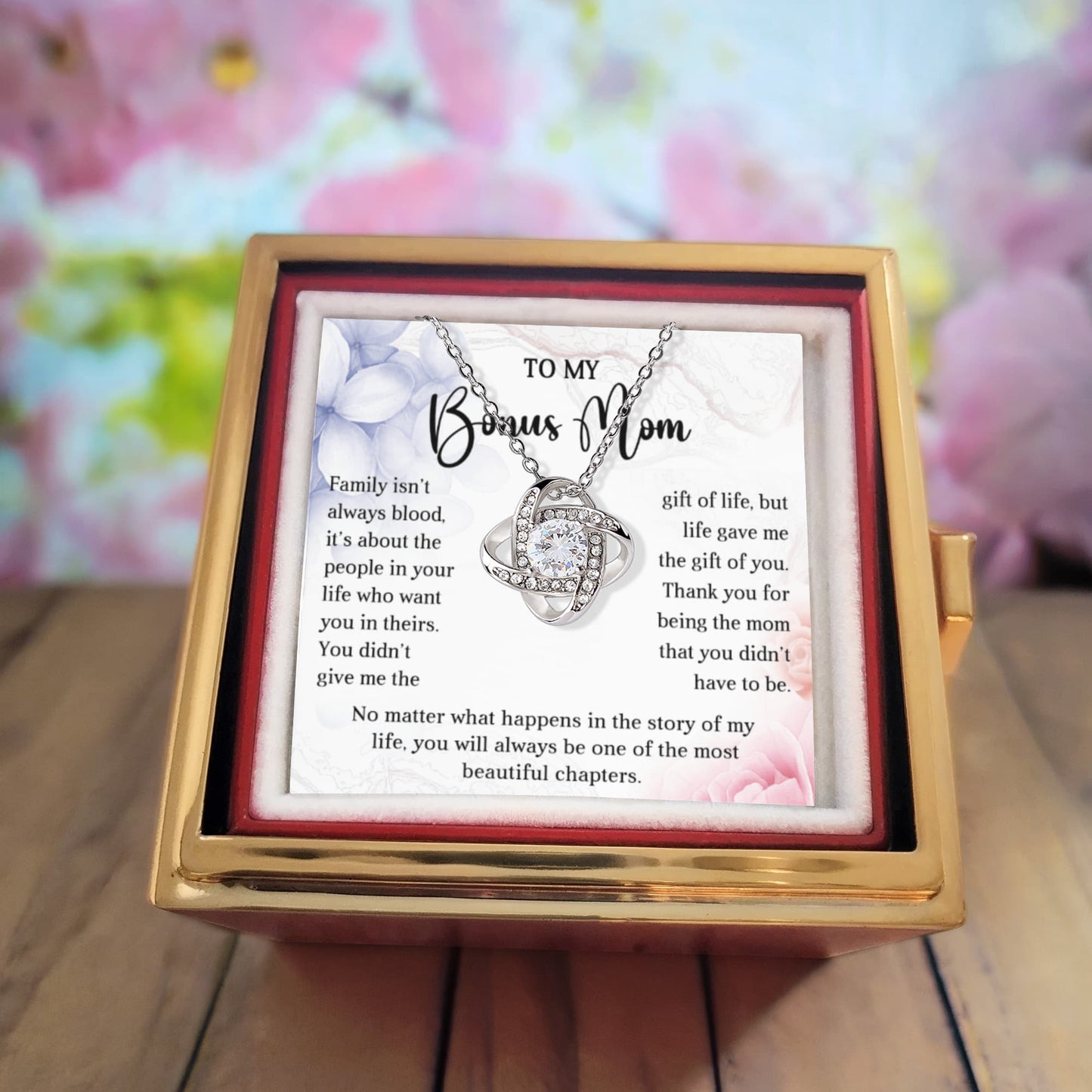 Gift for Your Bonus Mom - Beautiful Chapter - Love Knot Necklace with Rose Gift Gox