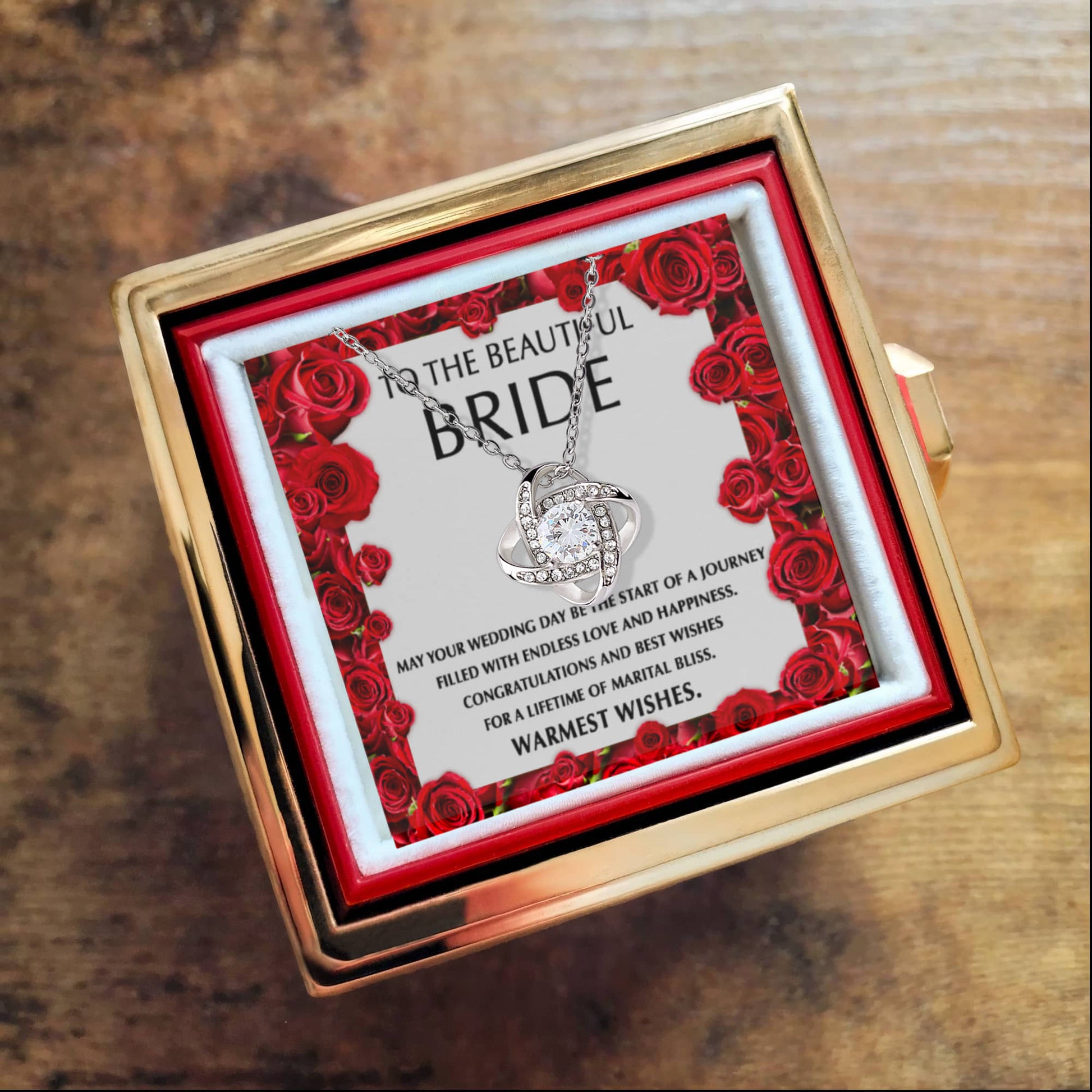 To the Beautiful Bride – Wedding Day Gift with Red Rose Message Card – Rotating Rose Love Knot Necklace for Bridal Shower or Wedding Keepsake - Mallard Moon Gift Shop
