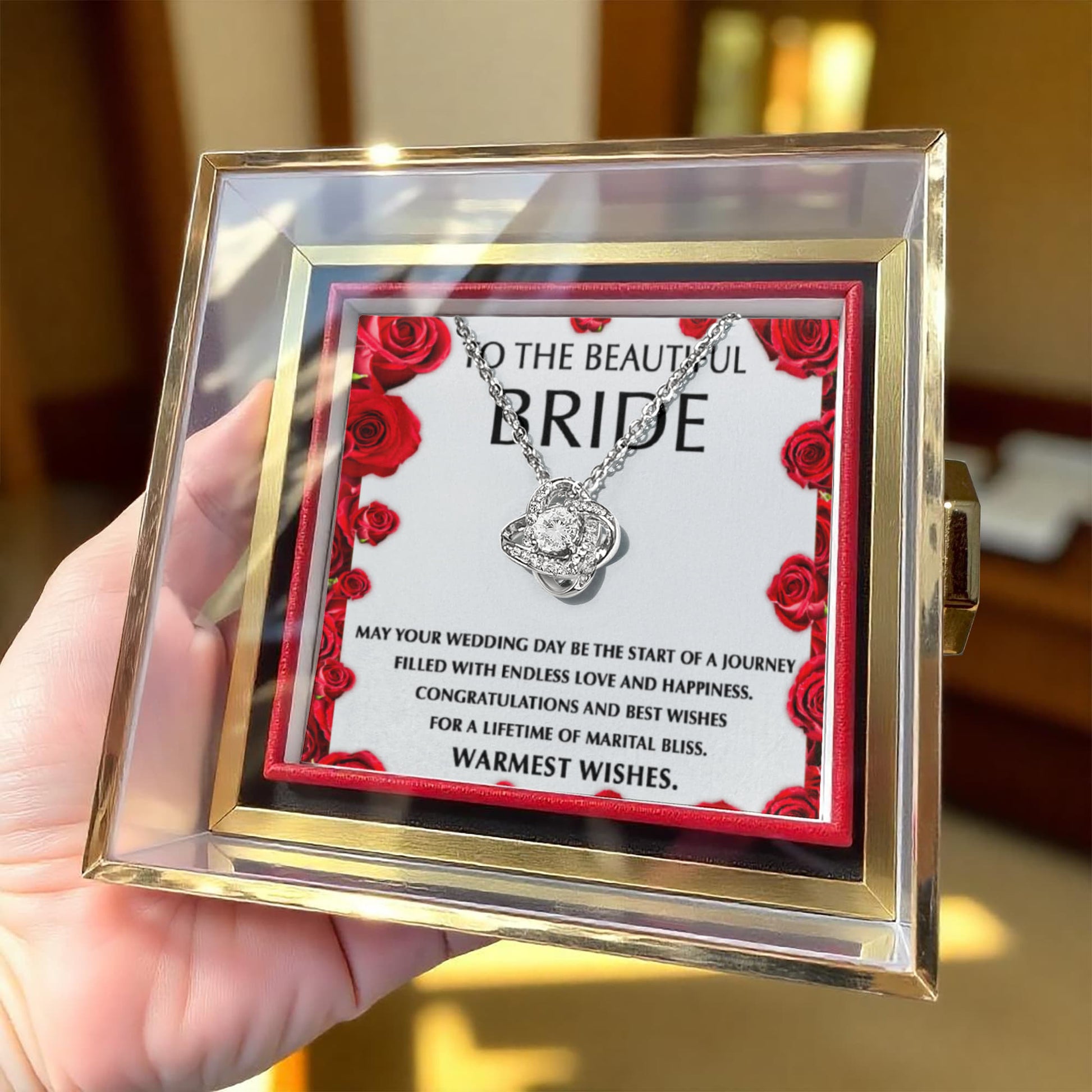 To the Beautiful Bride – Wedding Day Gift with Red Rose Message Card – Rotating Rose Love Knot Necklace for Bridal Shower or Wedding Keepsake - Mallard Moon Gift Shop