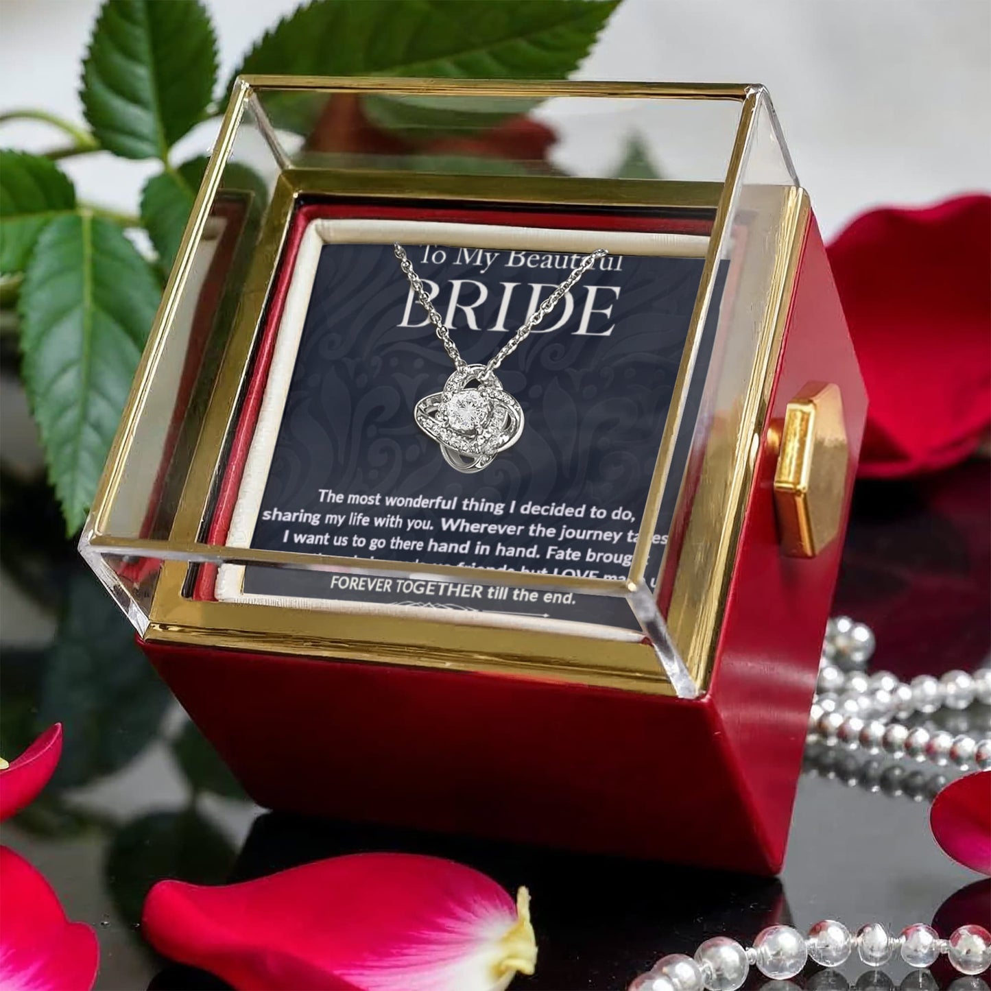 To My Beautiful Bride – Romantic Forever Together Message – Rotating Rose Love Knot Necklace Acrylic Gift Box